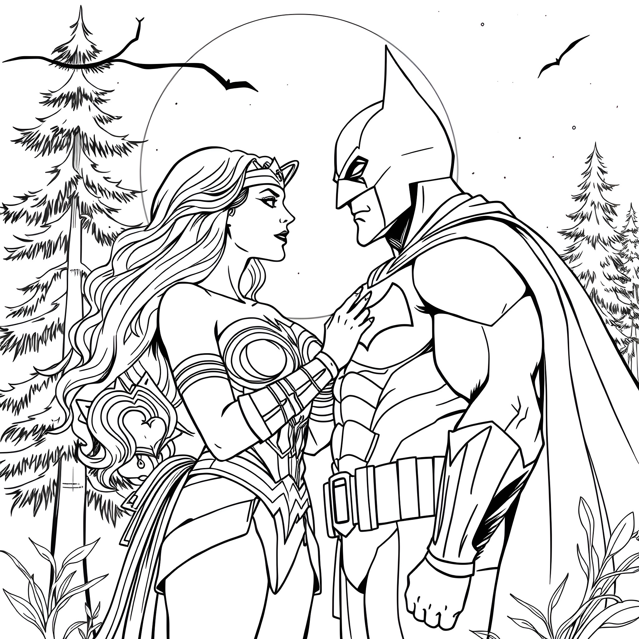 Wonder Woman and Batman Facing Each Other in the Forest Coloring Page (free black-and-white line drawing printable PDF for all, from beginners to advanced learners, including children, teens, adults, and seniors)