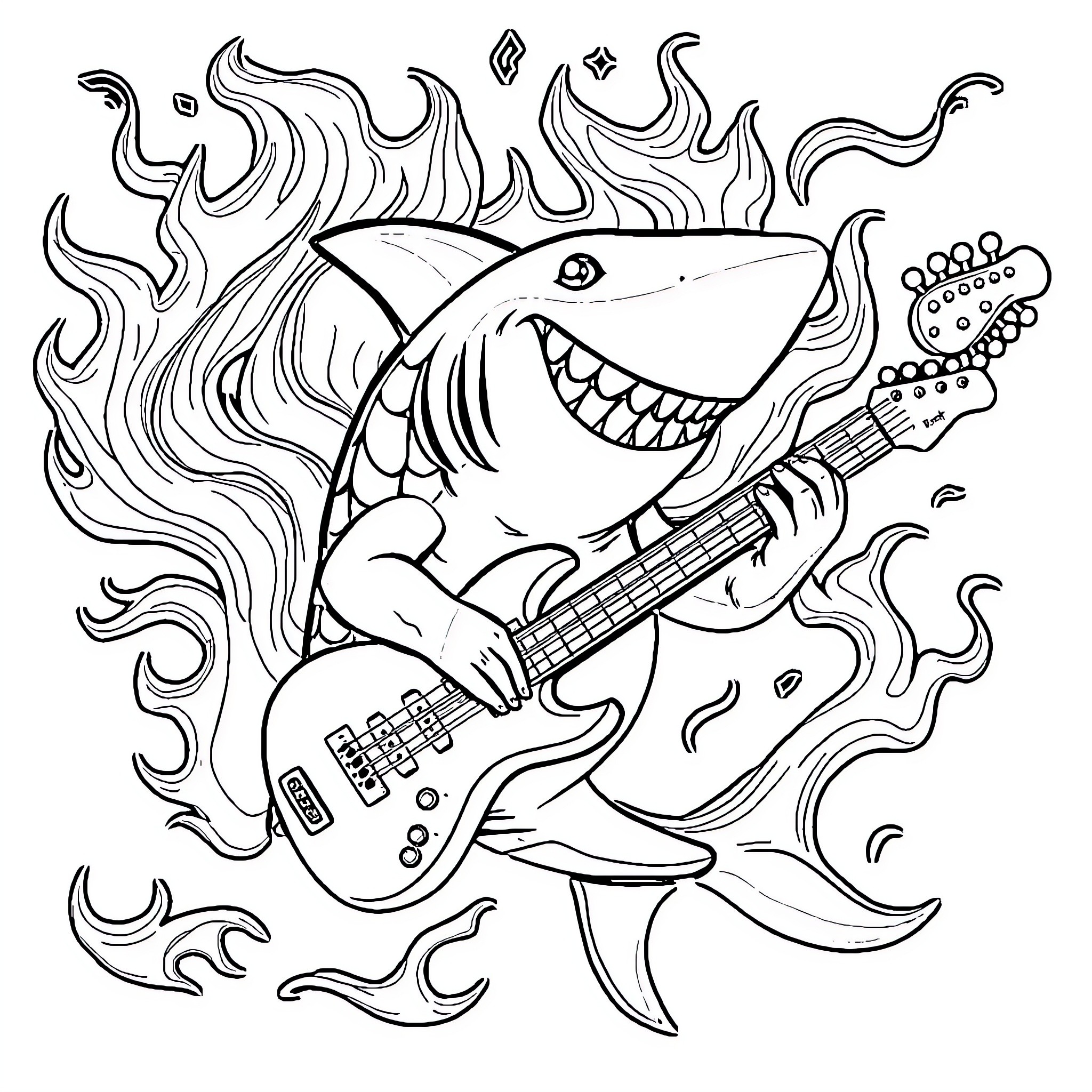 Shark playing electric guitar with fiery background Coloring Page (free black-and-white line drawing printable PDF for all, from beginners to advanced learners, including children, teens, adults, and seniors)