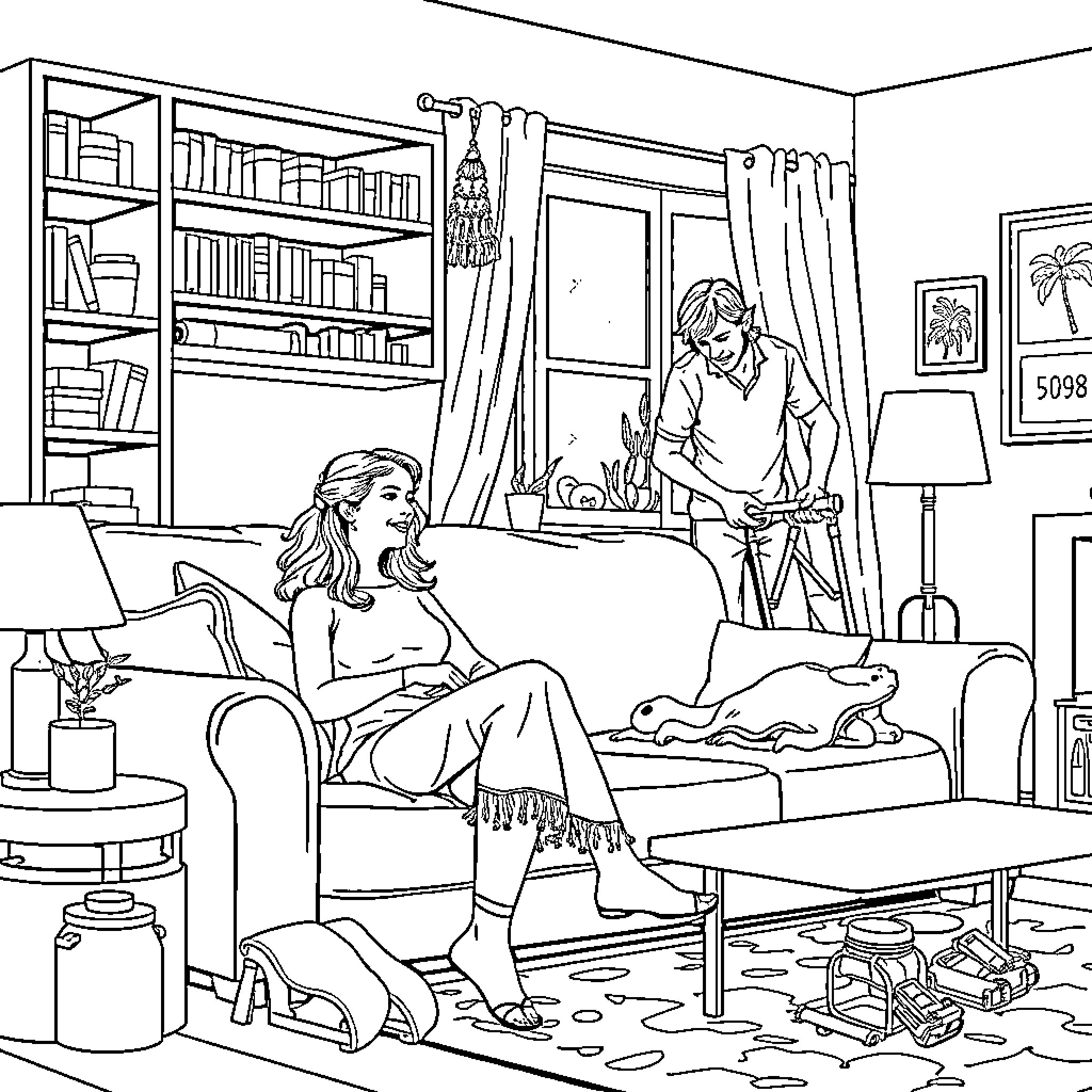 Woman relaxing at home with partner Coloring Page (free black-and-white line drawing printable PDF for all, from beginners to advanced learners, including children, teens, adults, and seniors)