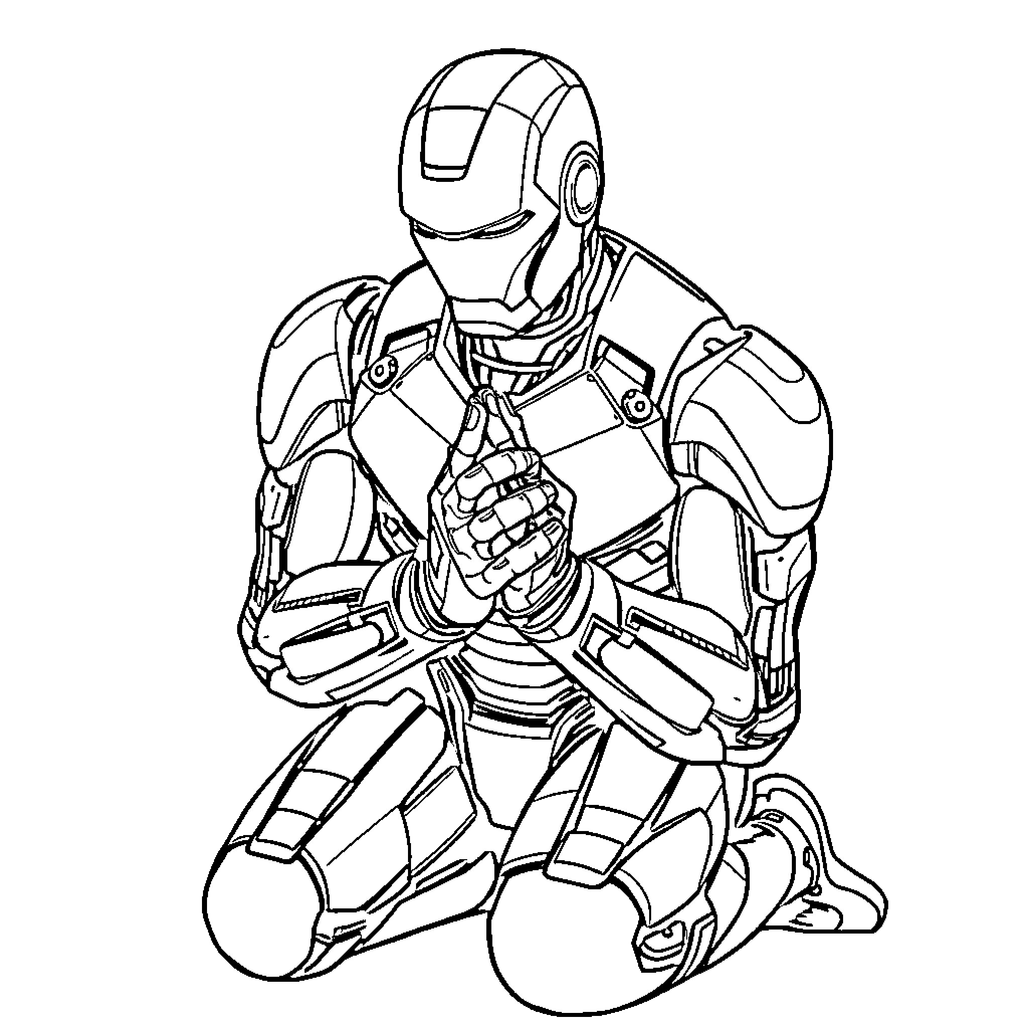 Ironman heroic battle pose Coloring Page (free black-and-white line drawing printable PDF for all, from beginners to advanced learners, including children, teens, adults, and seniors)