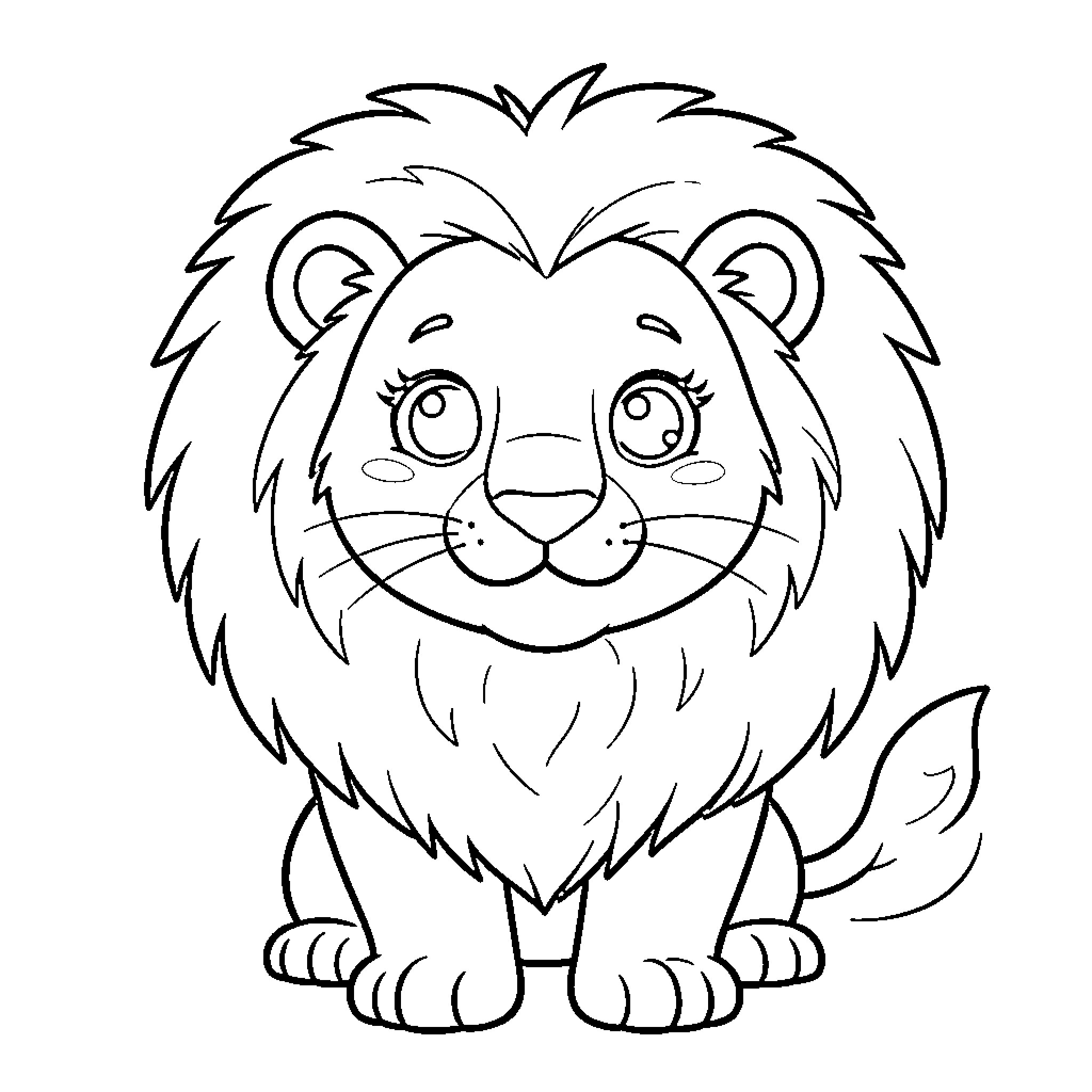 Lion smiling innocently in cartoon style Coloring Page (free black-and-white line drawing printable PDF for all, from beginners to advanced learners, including children, teens, adults, and seniors)