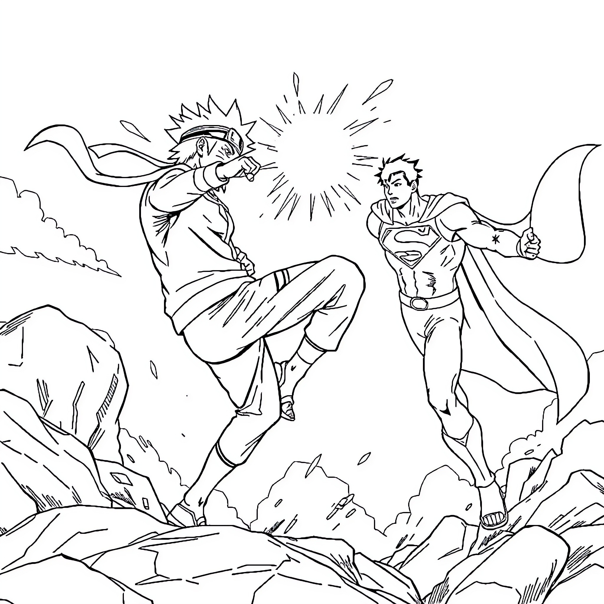 Naruto and Superman battle in an epic showdown Coloring Page (free black-and-white line drawing printable PDF for all, from beginners to advanced learners, including children, teens, adults, and seniors)