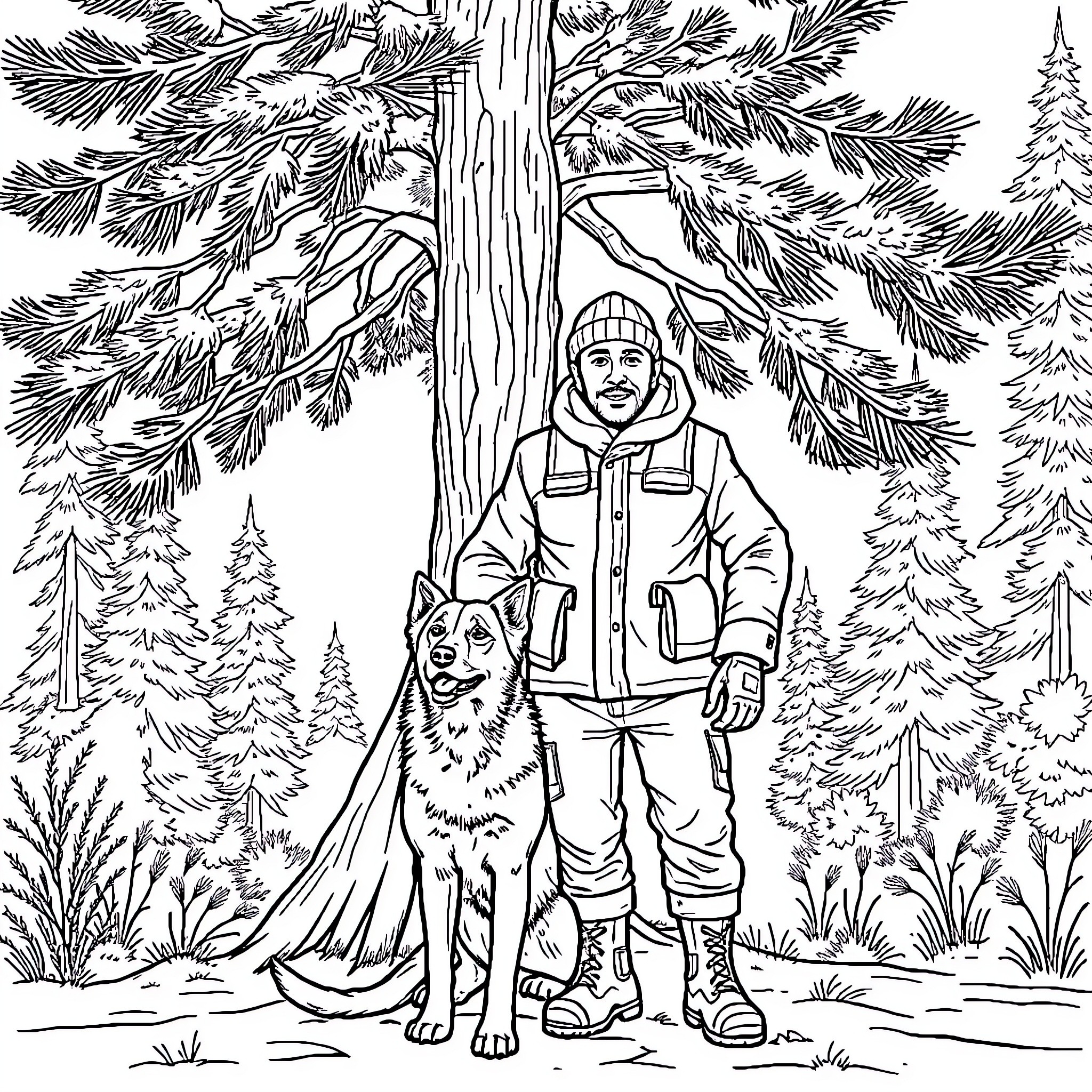Hunter and companion in winter wilderness Coloring Page (free black-and-white line drawing printable PDF for all, from beginners to advanced learners, including children, teens, adults, and seniors)