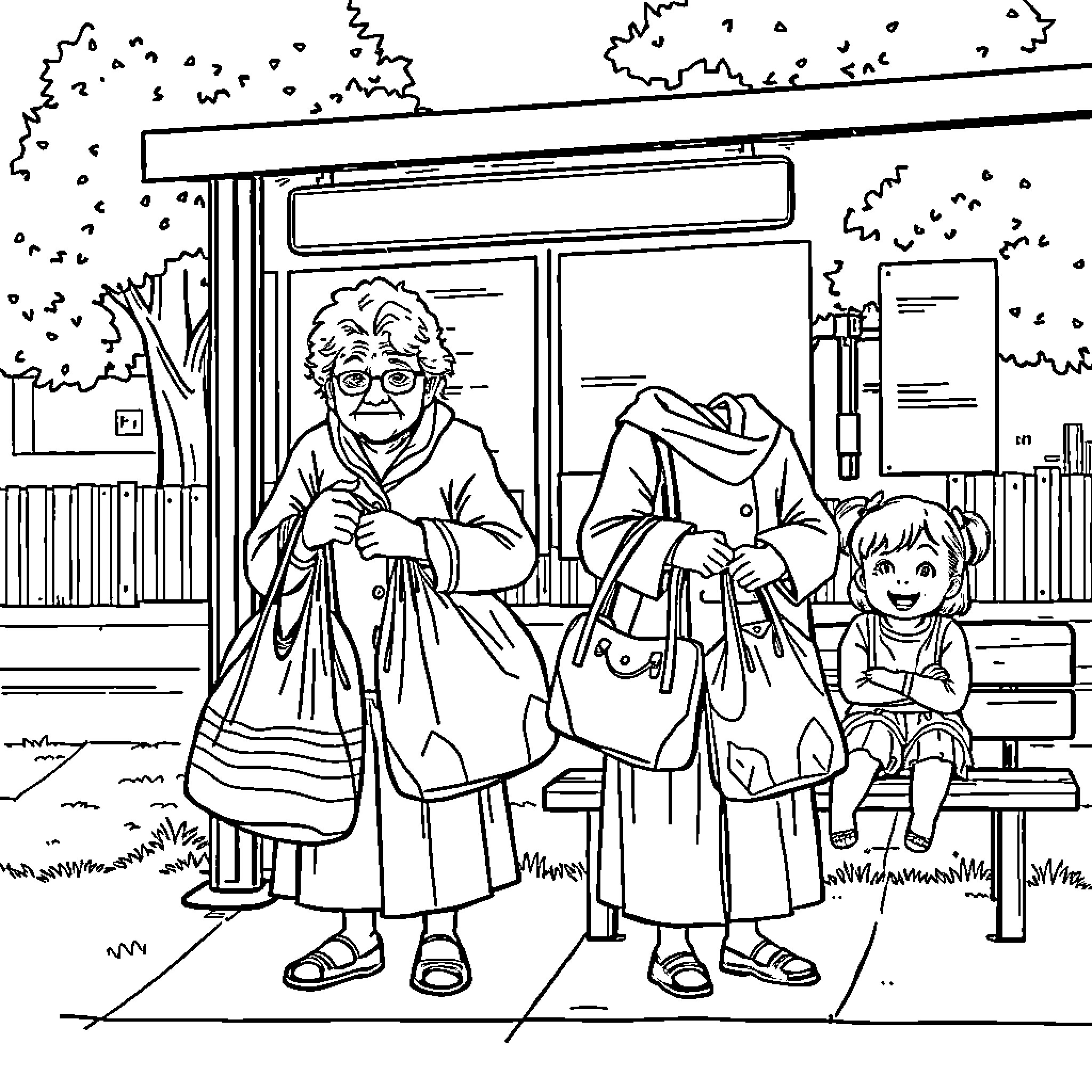 Grandma's Outing with Grandchild Coloring Page (free black-and-white line drawing printable PDF for all, from beginners to advanced learners, including children, teens, adults, and seniors)
