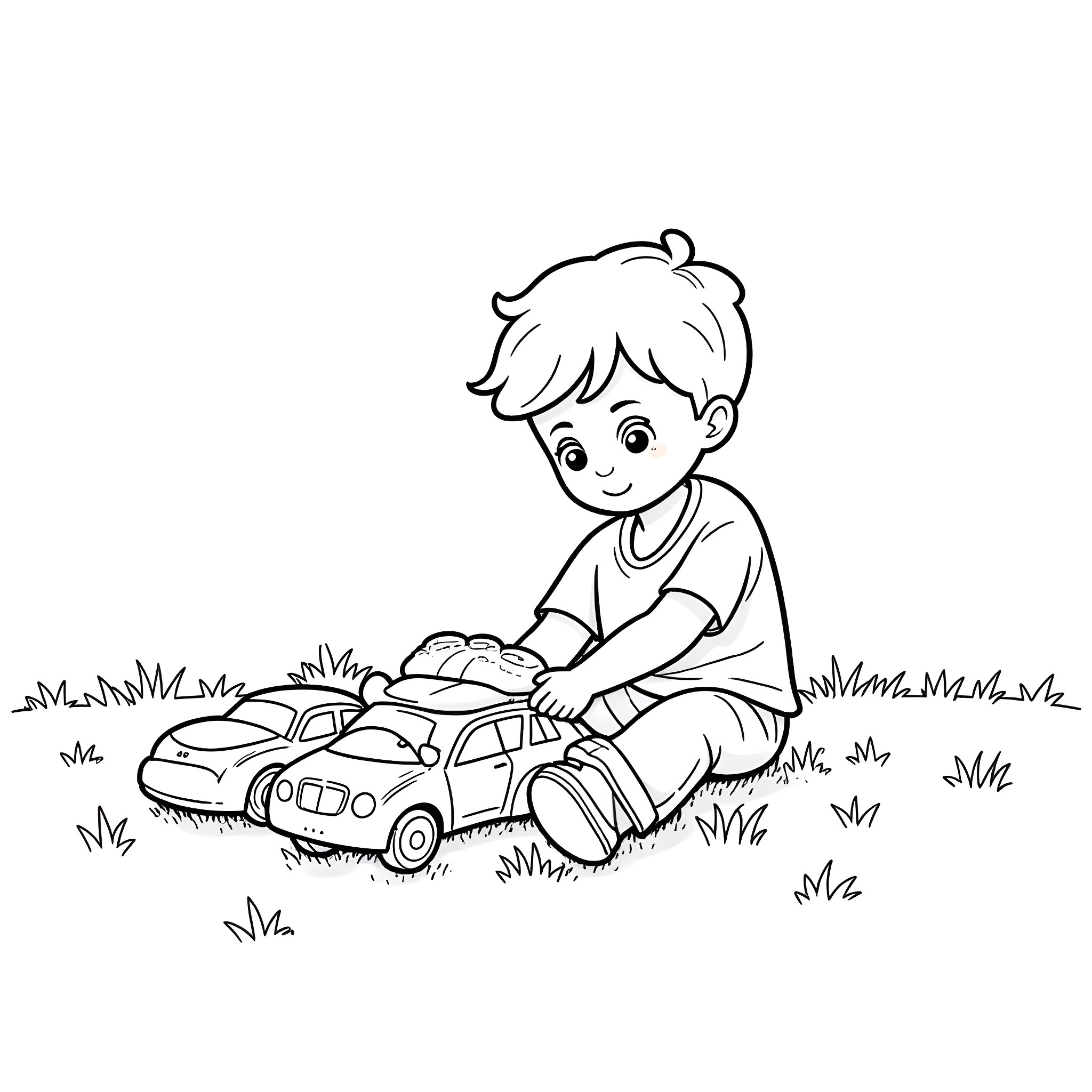 Boy playing happily with toy cars in the park Coloring Page (free black-and-white line drawing printable PDF for all, from beginners to advanced learners, including children, teens, adults, and seniors)