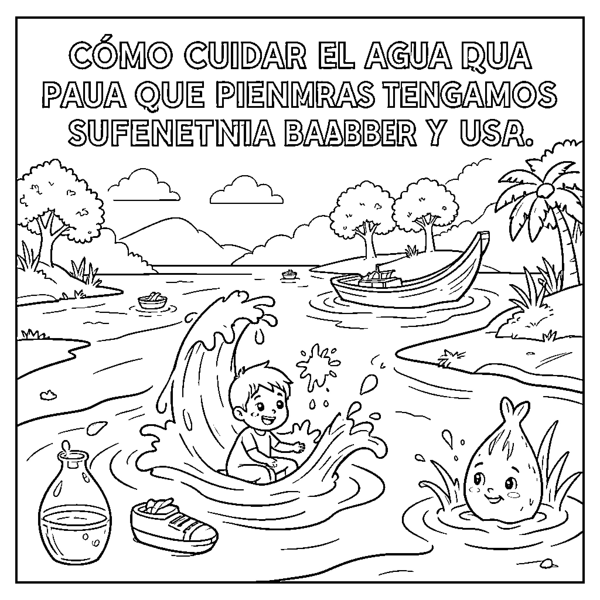 Water scene with people enjoying outdoor activities Coloring Page (free black-and-white line drawing printable PDF for all, from beginners to advanced learners, including children, teens, adults, and seniors)