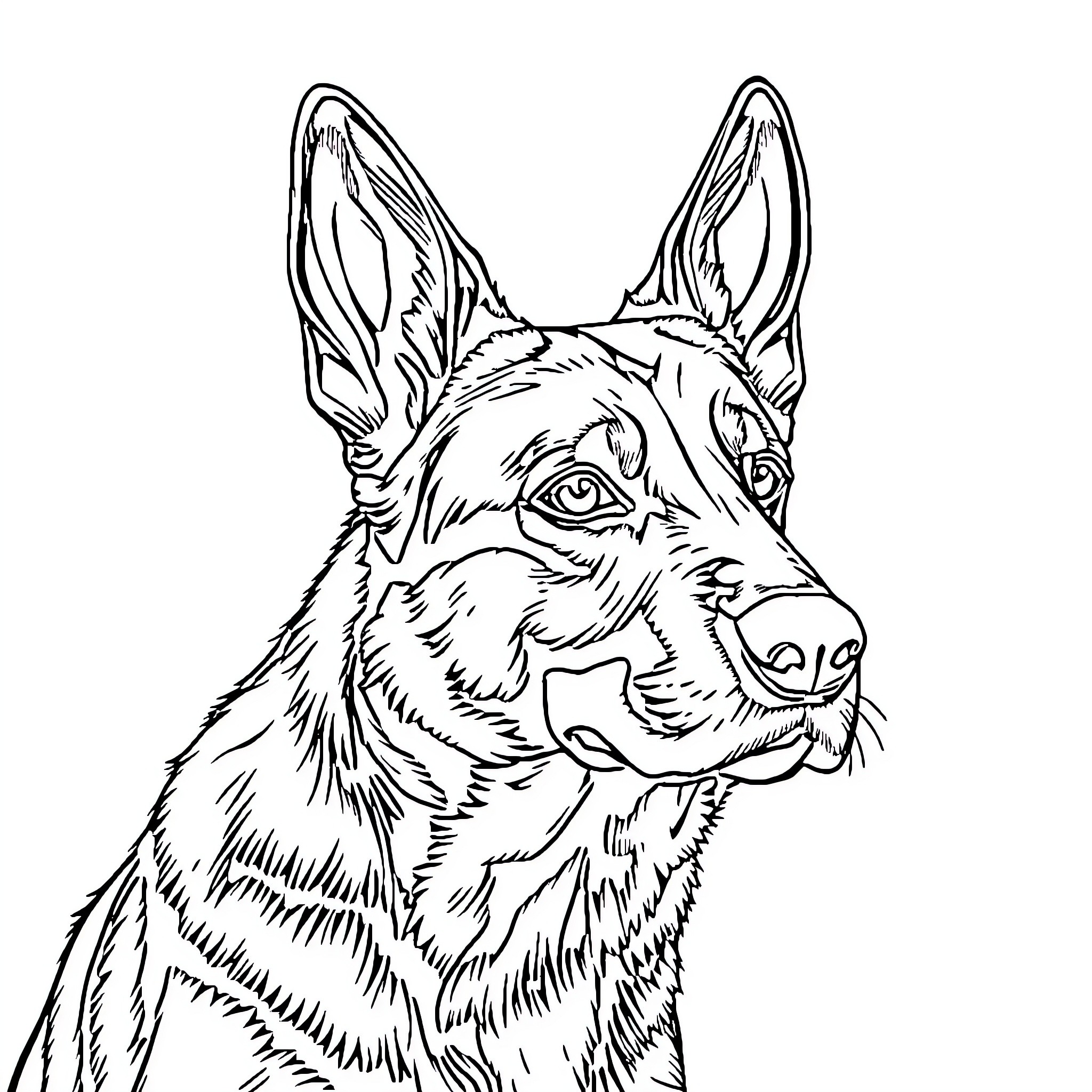 German Shepherd attentively observing its surroundings Coloring Page (free black-and-white line drawing printable PDF for all, from beginners to advanced learners, including children, teens, adults, and seniors)
