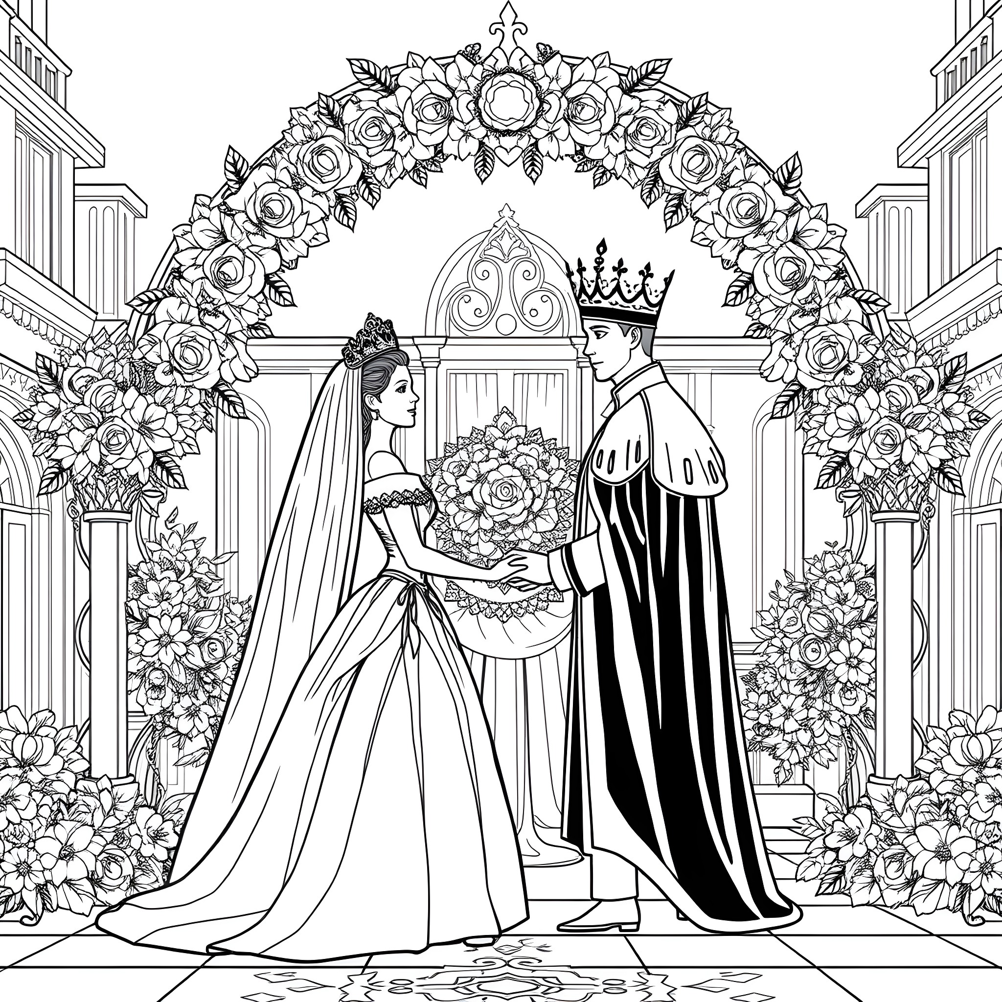 Barbie's Regal Wedding Ceremony Coloring Page (free black-and-white line drawing printable PDF for all, from beginners to advanced learners, including children, teens, adults, and seniors)