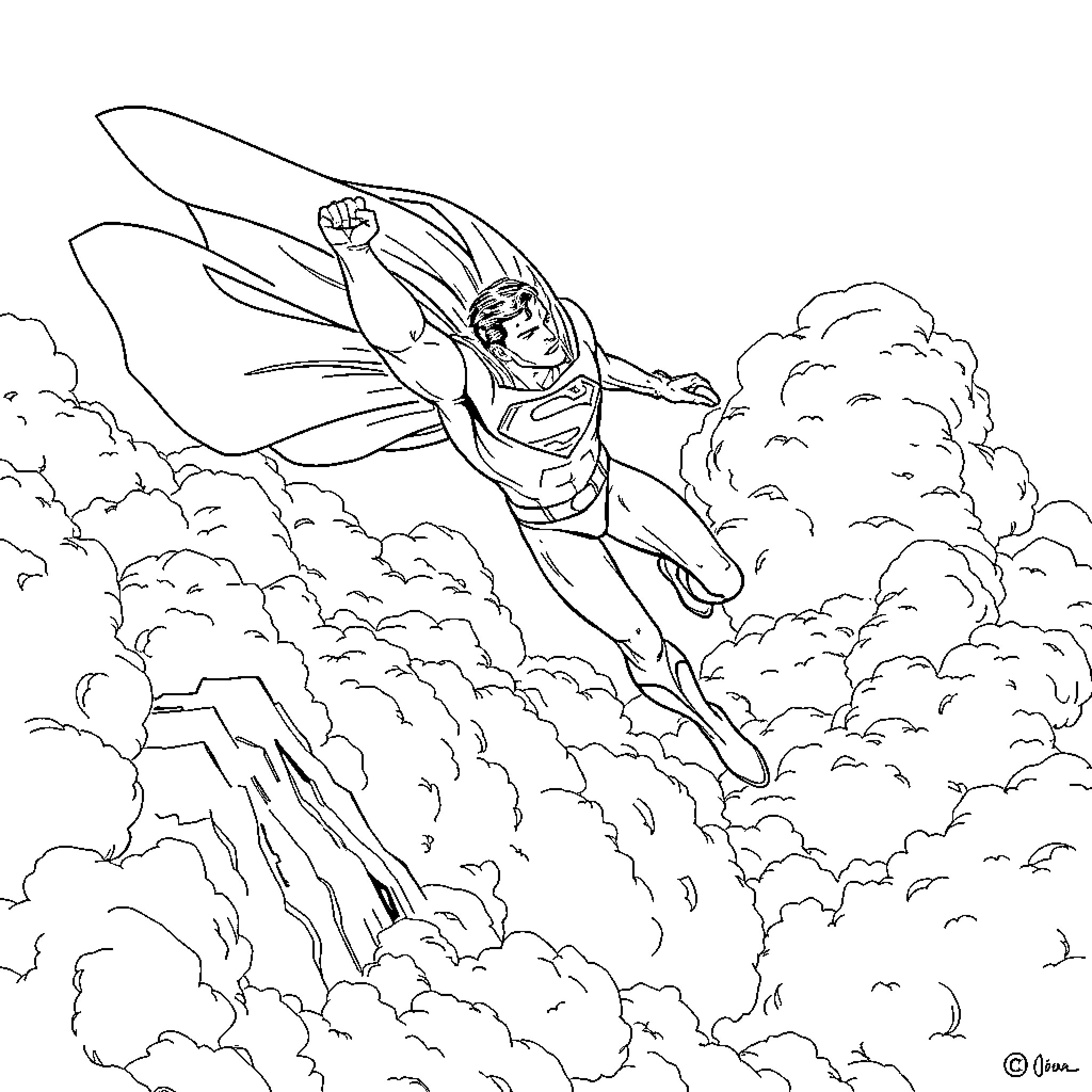 Superman soaring through the clouds with determination Coloring Page (free black-and-white line drawing printable PDF for all, from beginners to advanced learners, including children, teens, adults, and seniors)
