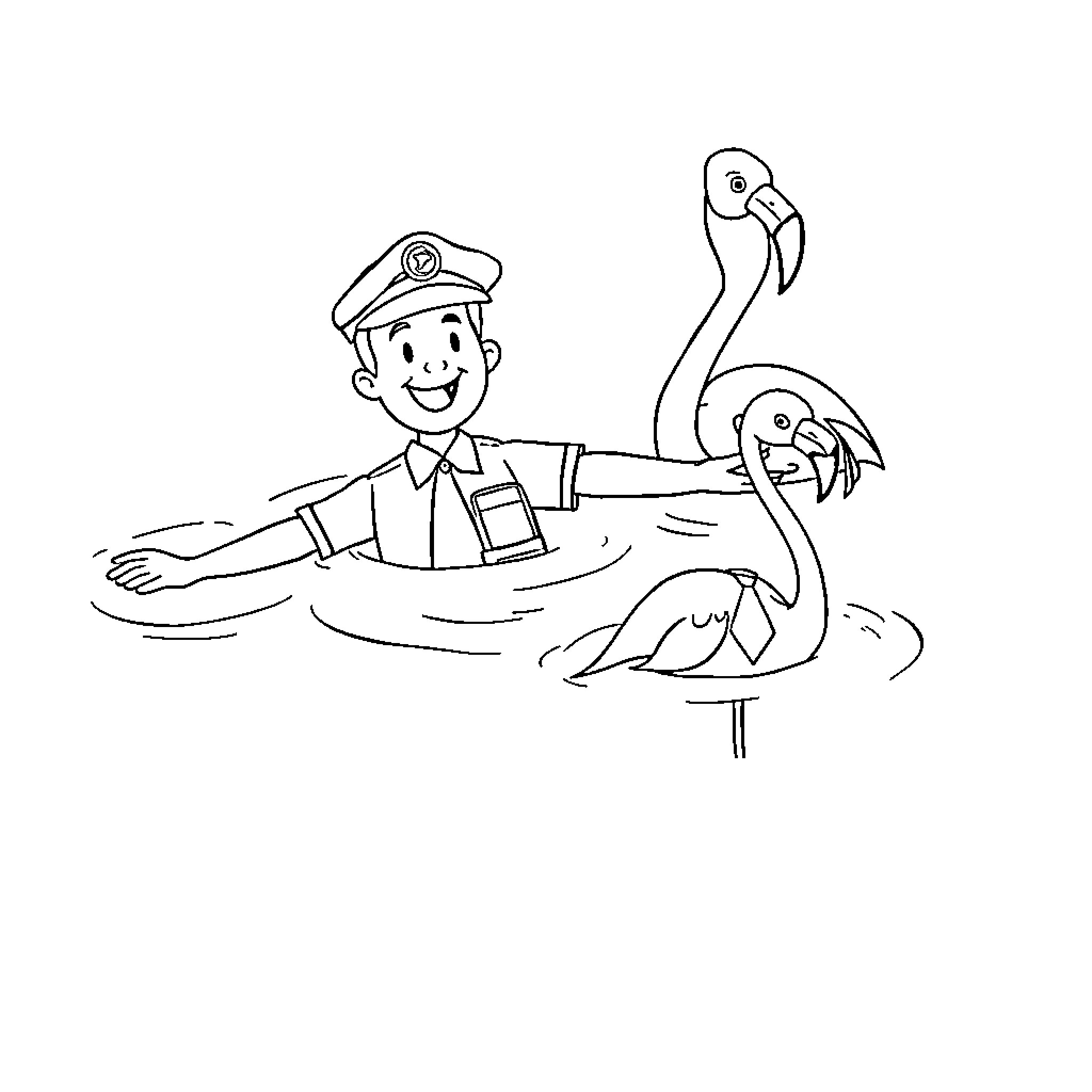 Postman delivers mail on a flamingo Coloring Page (free black-and-white line drawing printable PDF for all, from beginners to advanced learners, including children, teens, adults, and seniors)