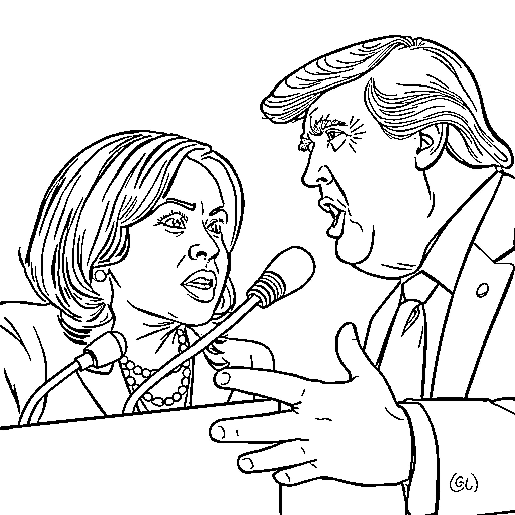 Kamala Harris in Heated Discussion with Political Figure Coloring Page (free black-and-white line drawing printable PDF for all, from beginners to advanced learners, including children, teens, adults, and seniors)