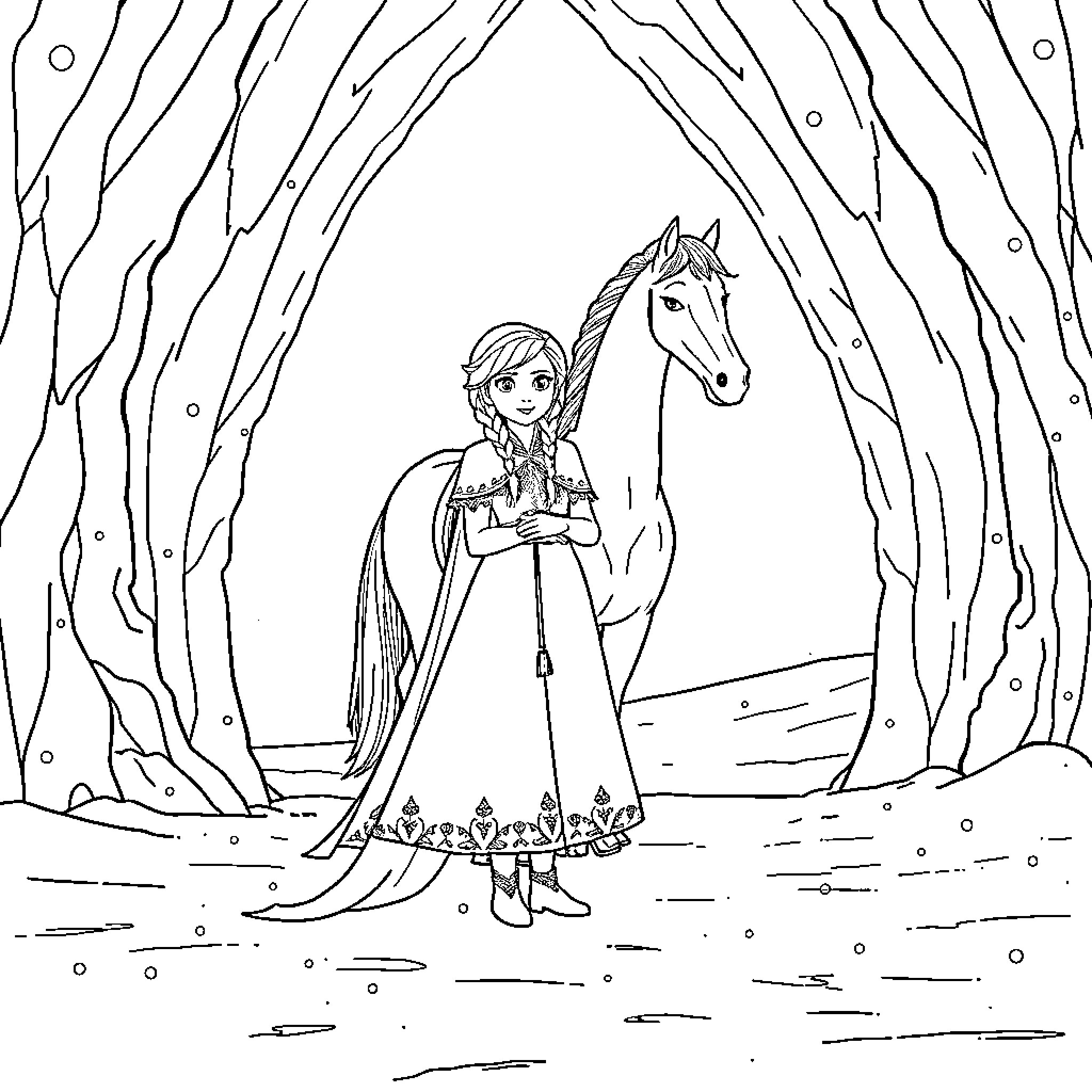 Anna and Elsa's Snowy Adventure Coloring Page (free black-and-white line drawing printable PDF for all, from beginners to advanced learners, including children, teens, adults, and seniors)