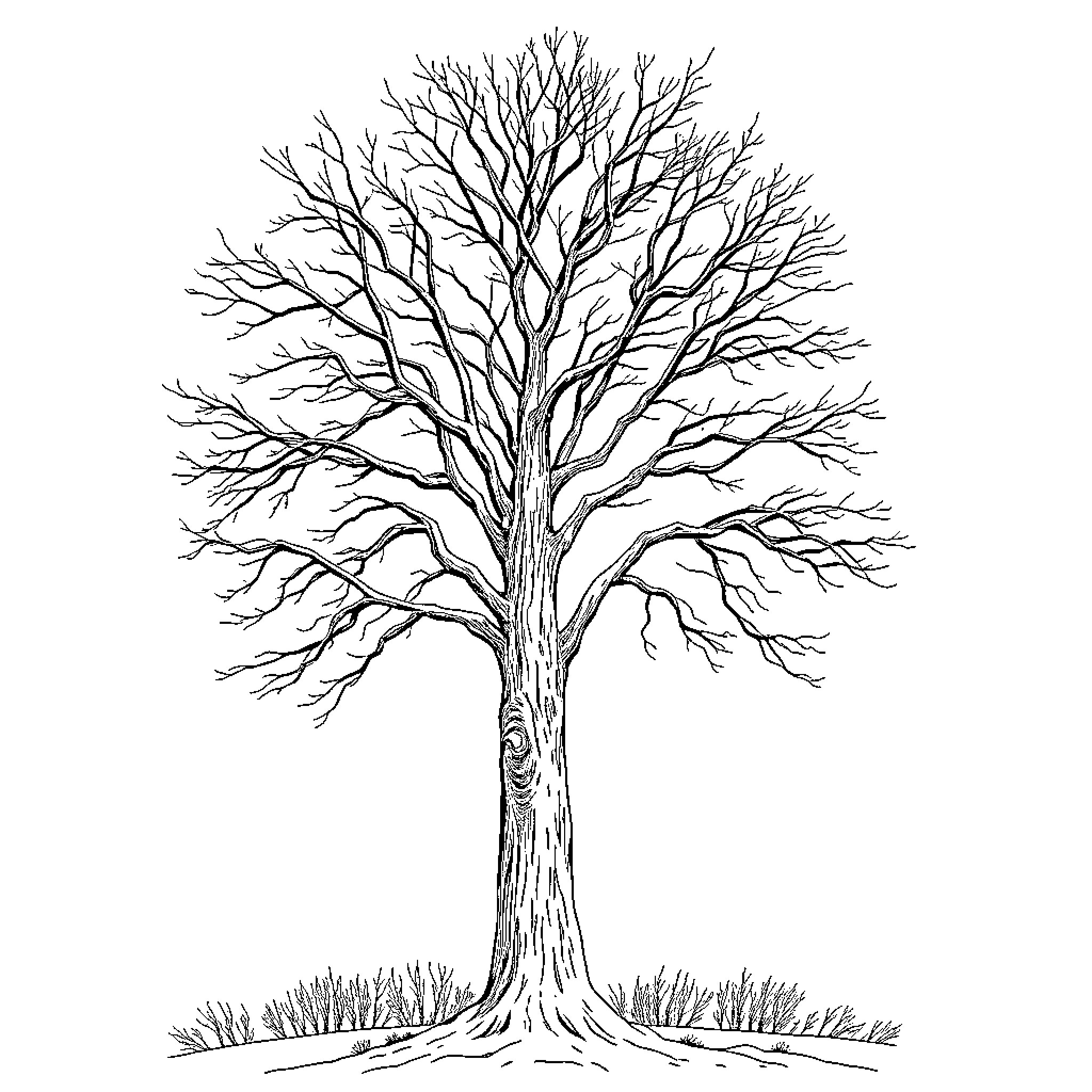 Tree with intricate bare branches Coloring Page (free black-and-white line drawing printable PDF for all, from beginners to advanced learners, including children, teens, adults, and seniors)