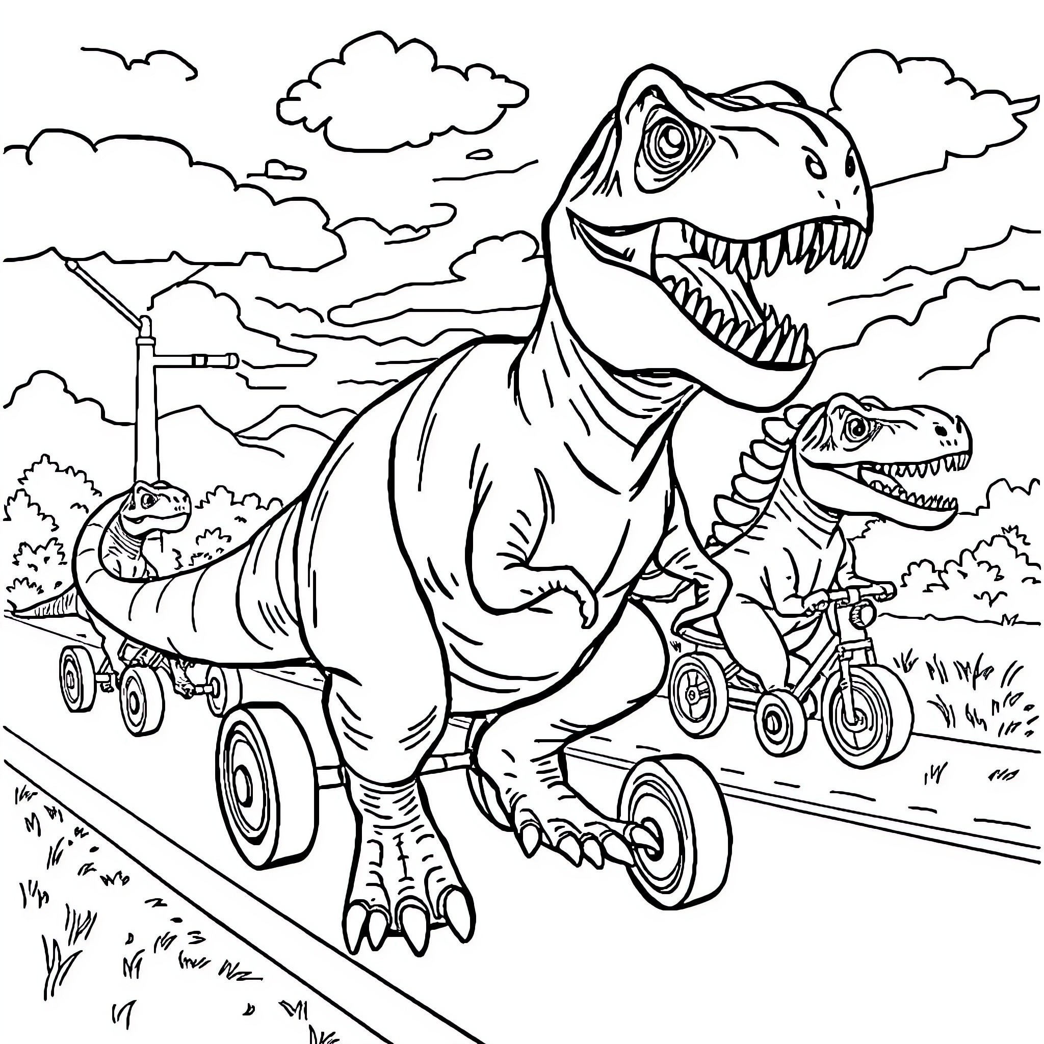 T-Rex Dinosaurs Riding Tricycles in Outdoor Scene Coloring Page (free black-and-white line drawing printable PDF for all, from beginners to advanced learners, including children, teens, adults, and seniors)