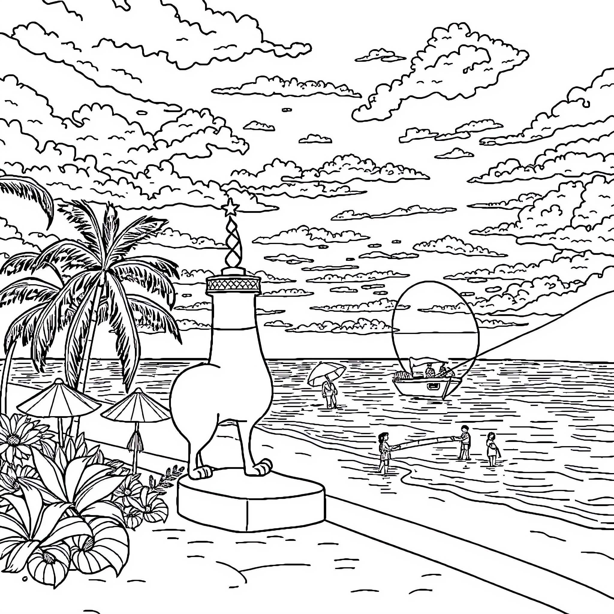 Escudo of a Tropical Island Landscape Coloring Page (free black-and-white line drawing printable PDF for all, from beginners to advanced learners, including children, teens, adults, and seniors)