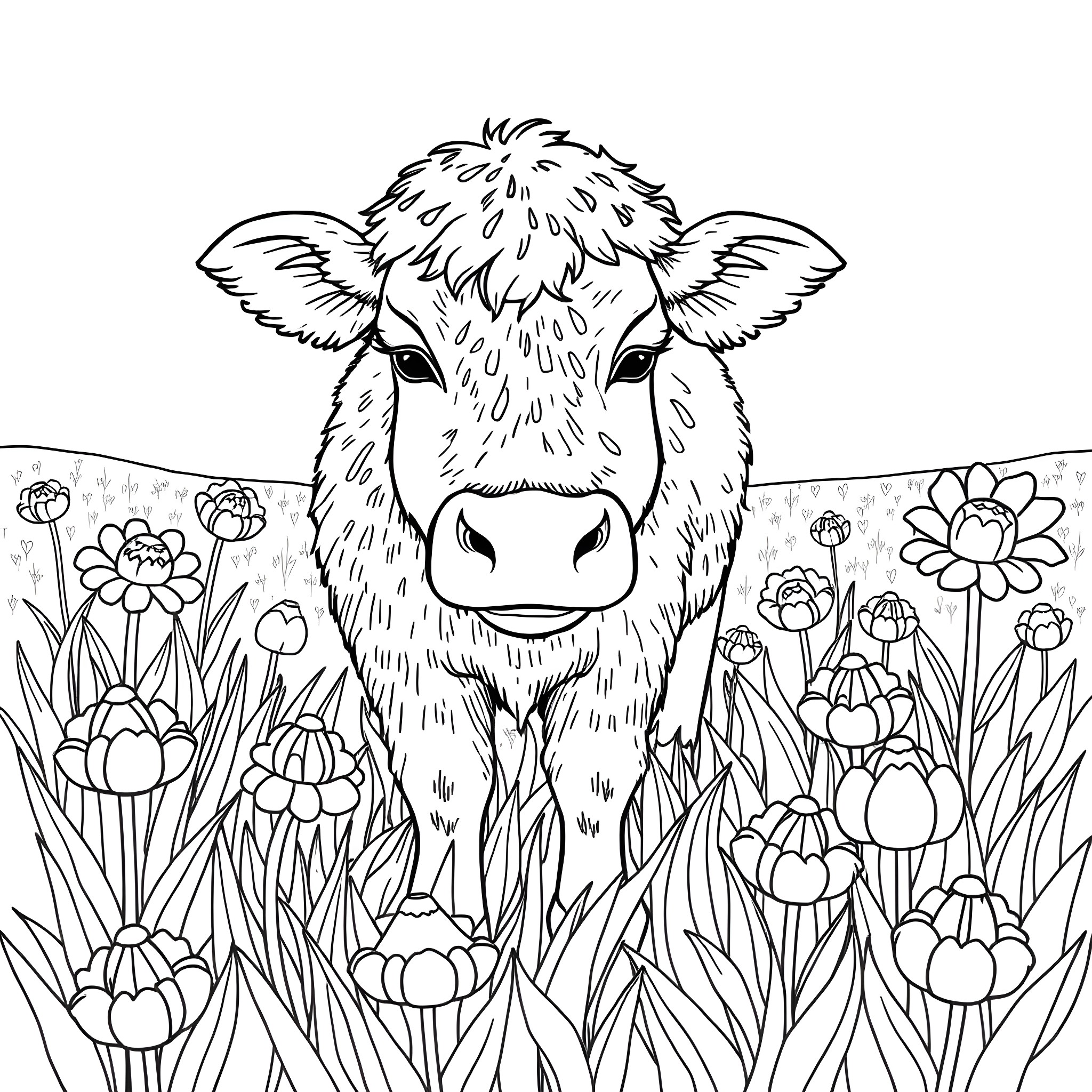 Cow Grazing in a Colorful Floral Field Coloring Page (free black-and-white line drawing printable PDF for all, from beginners to advanced learners, including children, teens, adults, and seniors)