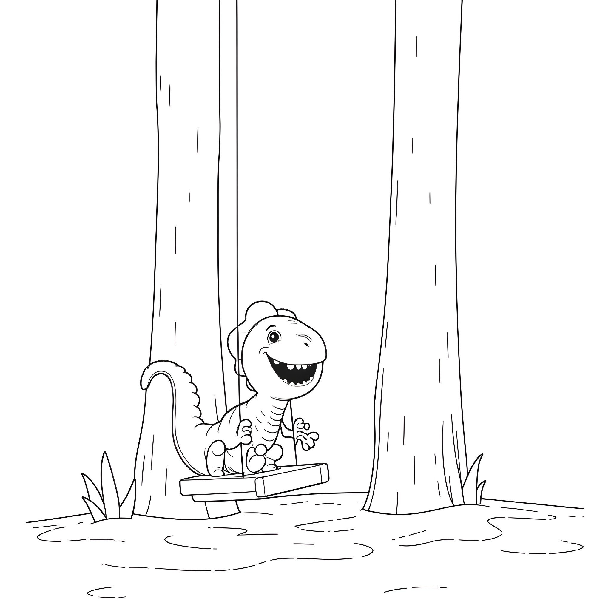 Dinosaur playing happily on a seesaw in the forest Coloring Page (free black-and-white line drawing printable PDF for all, from beginners to advanced learners, including children, teens, adults, and seniors)