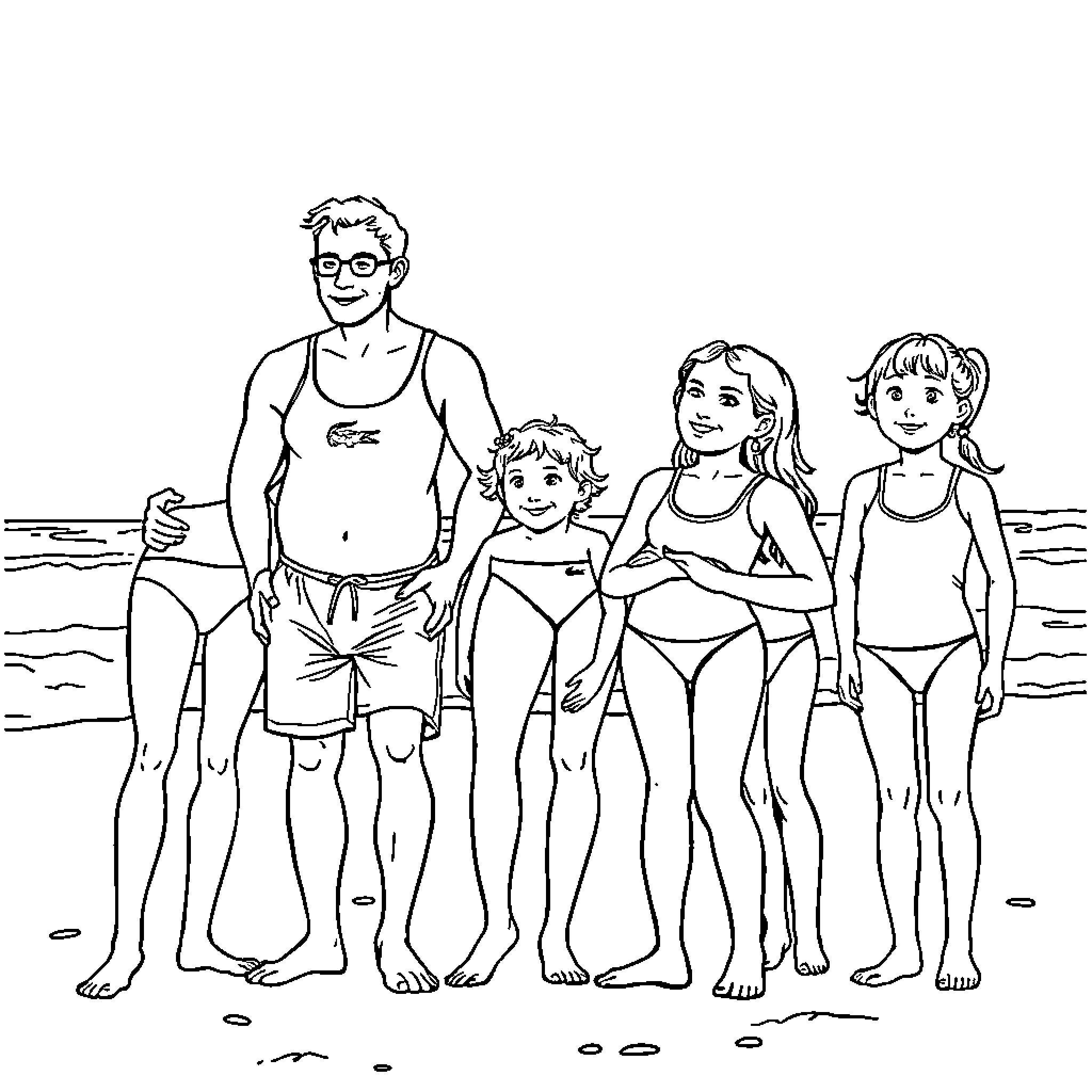 Famille enjoying a day at the beach Coloring Page (free black-and-white line drawing printable PDF for all, from beginners to advanced learners, including children, teens, adults, and seniors)