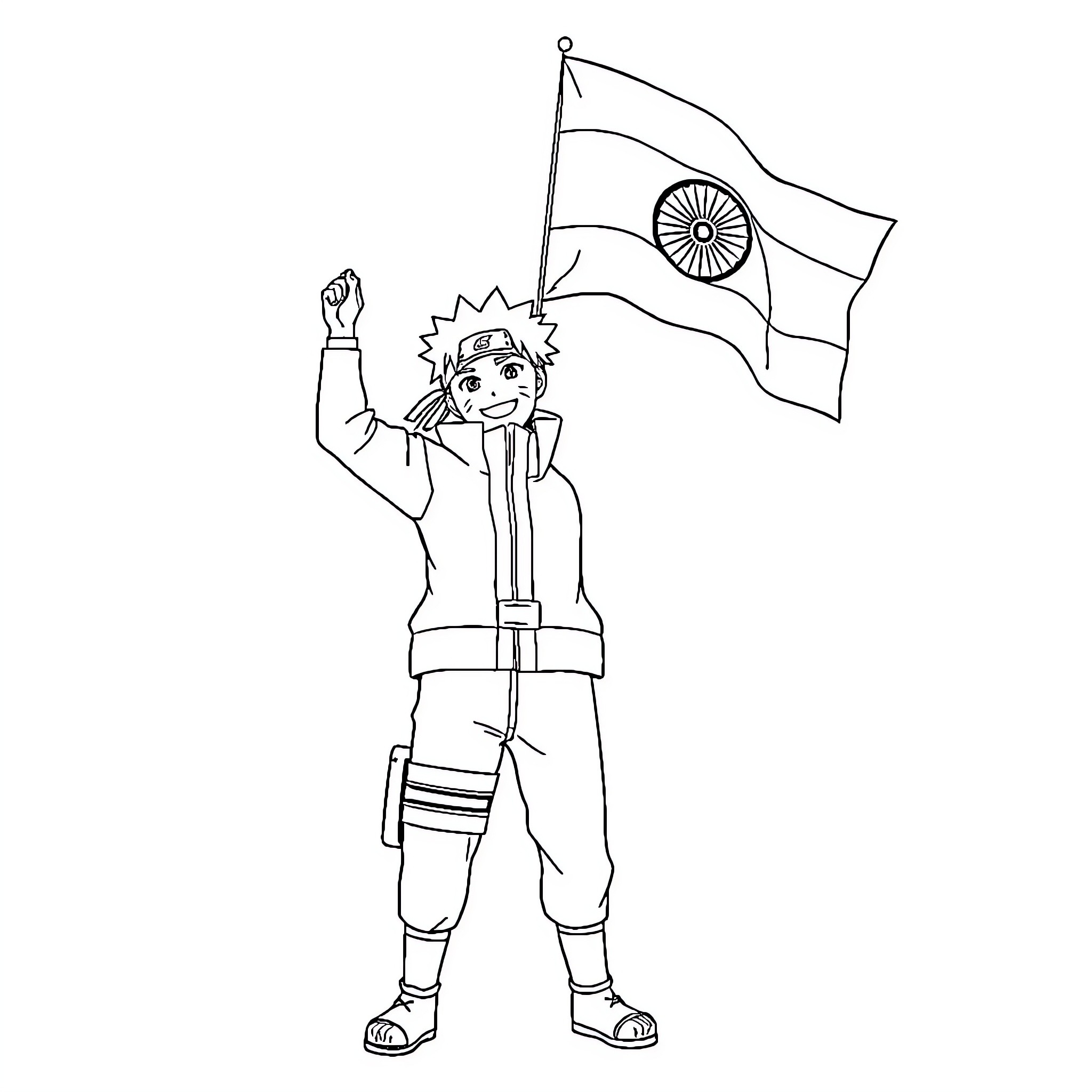 Naruto waving Indian flag with enthusiasm Coloring Page (free black-and-white line drawing printable PDF for all, from beginners to advanced learners, including children, teens, adults, and seniors)