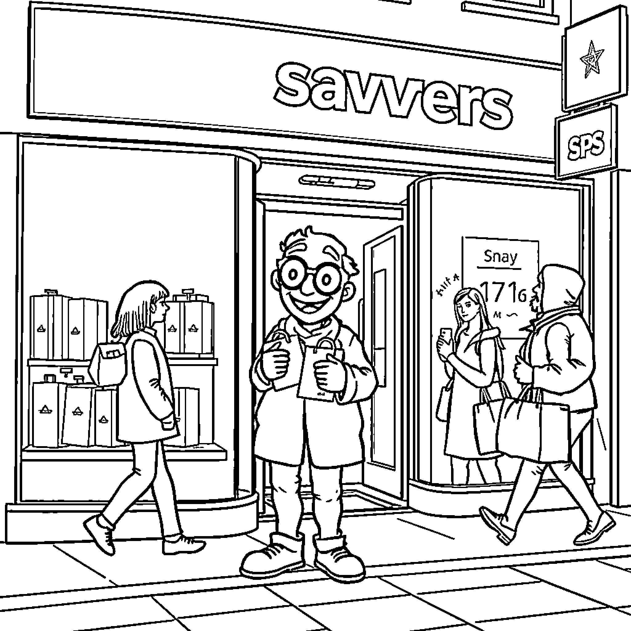 Specman's Savvy Storefront Adventures Coloring Page (free black-and-white line drawing printable PDF for all, from beginners to advanced learners, including children, teens, adults, and seniors)
