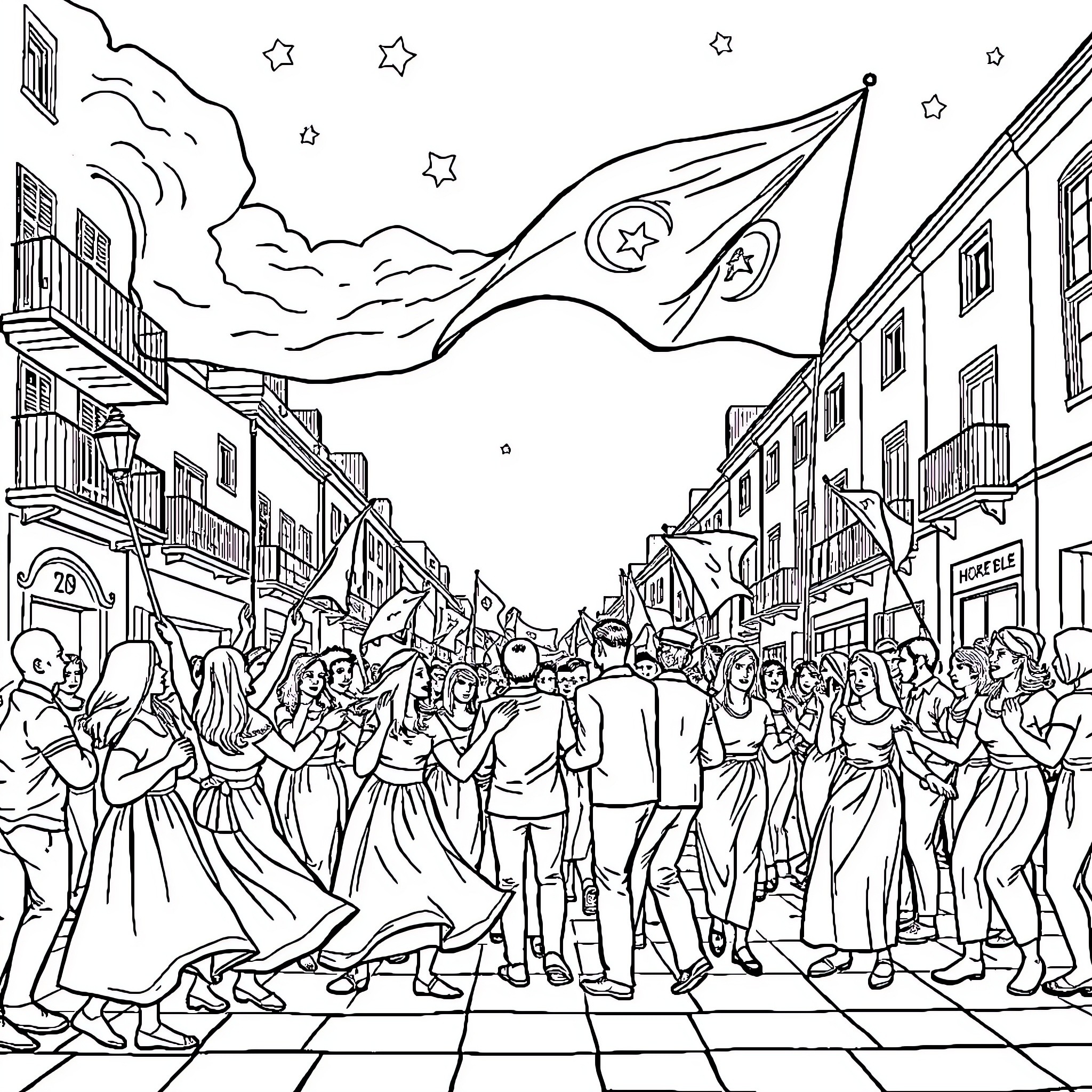 Independence Day Celebrations in the City Coloring Page (free black-and-white line drawing printable PDF for all, from beginners to advanced learners, including children, teens, adults, and seniors)