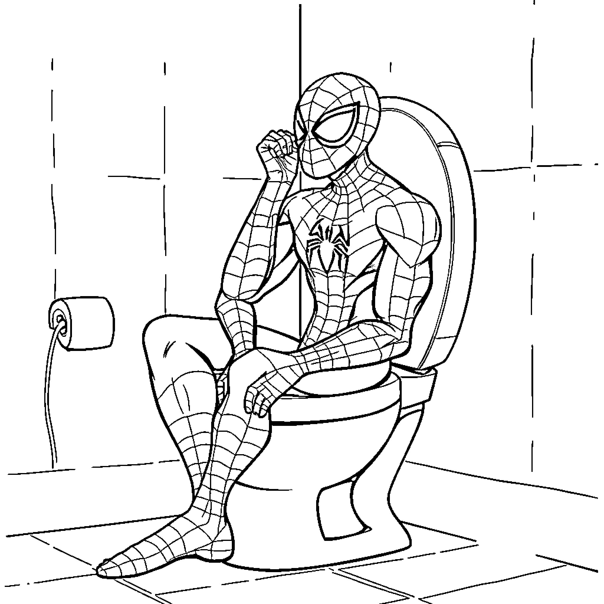 Spiderman relaxing on the toilet Coloring Page (free black-and-white line drawing printable PDF for all, from beginners to advanced learners, including children, teens, adults, and seniors)