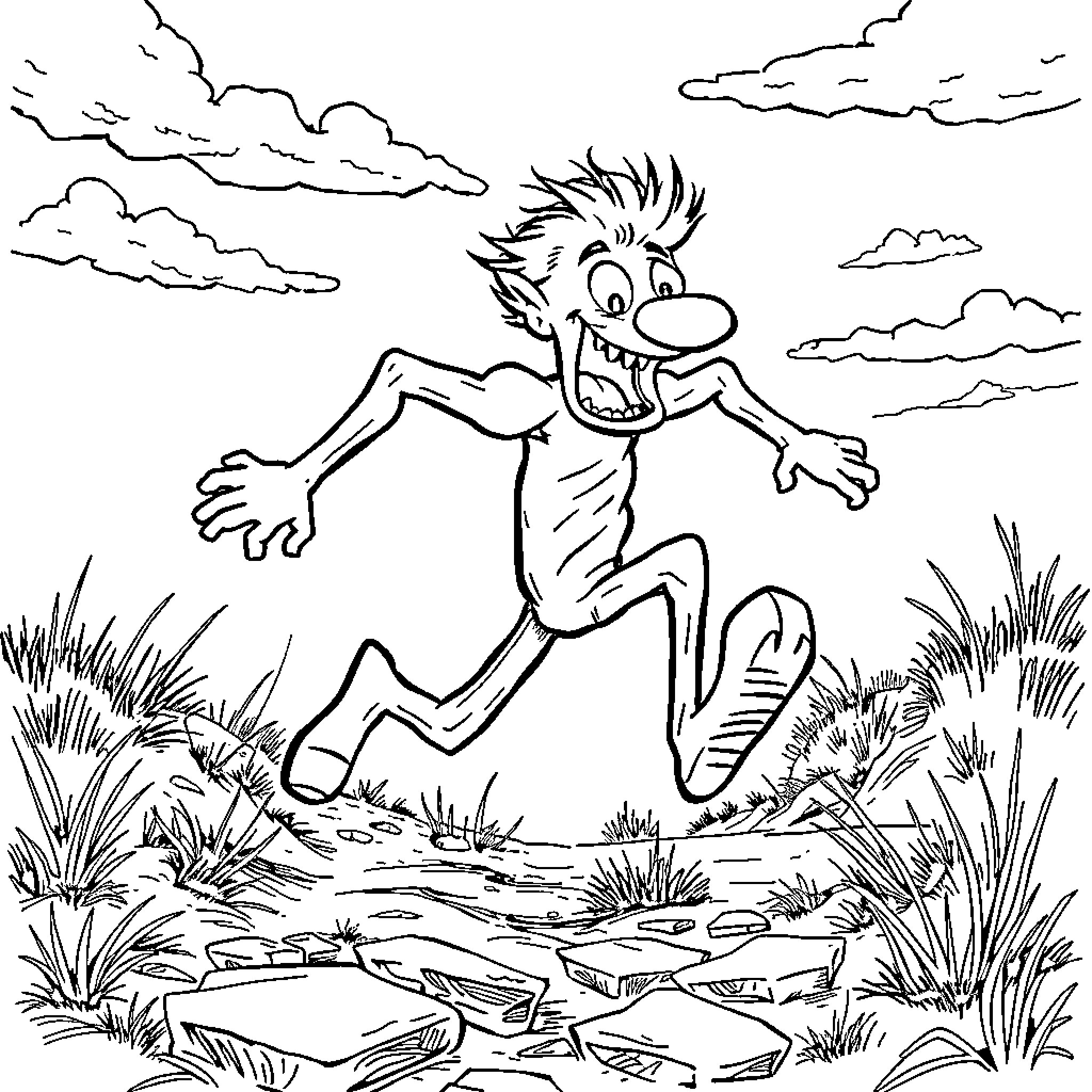 Lurch leaping through a rocky landscape Coloring Page (free black-and-white line drawing printable PDF for all, from beginners to advanced learners, including children, teens, adults, and seniors)