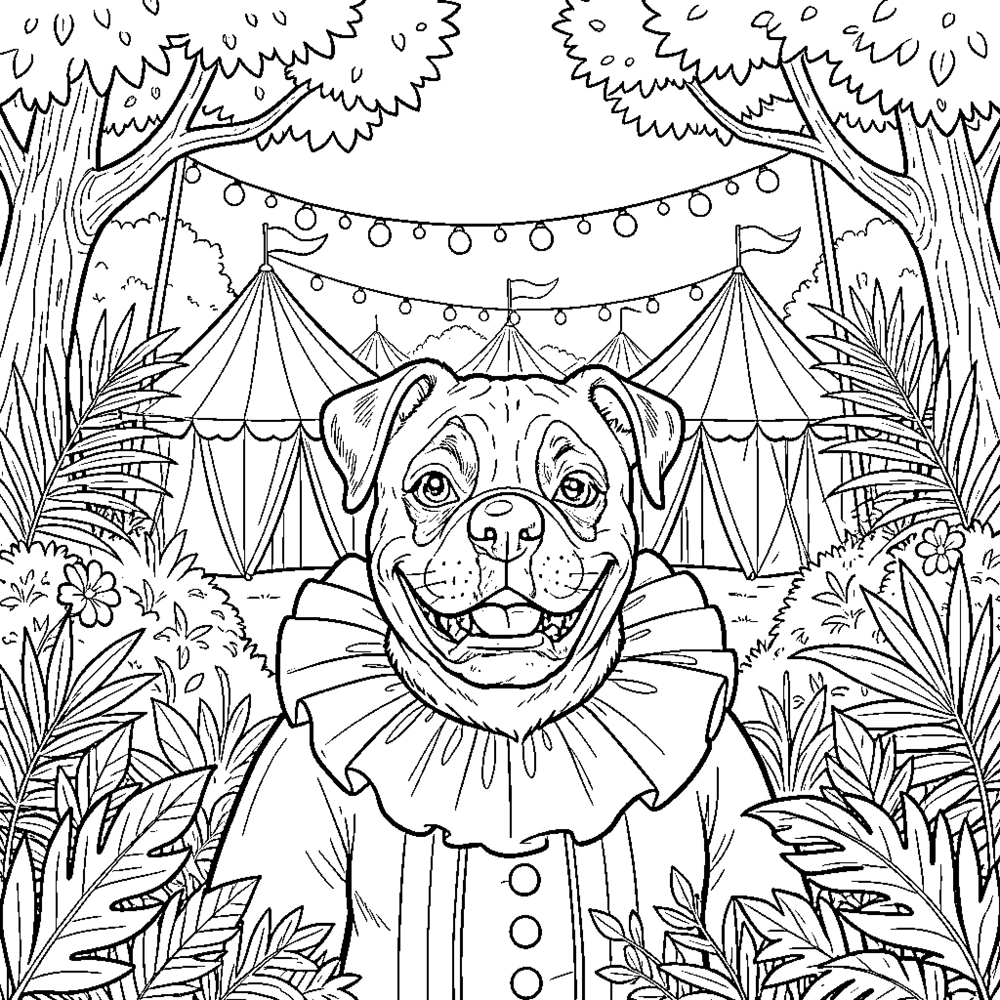 Bouledogue Français dressed as a happy circus performer Coloring Page (free black-and-white line drawing printable PDF for all, from beginners to advanced learners, including children, teens, adults, and seniors)