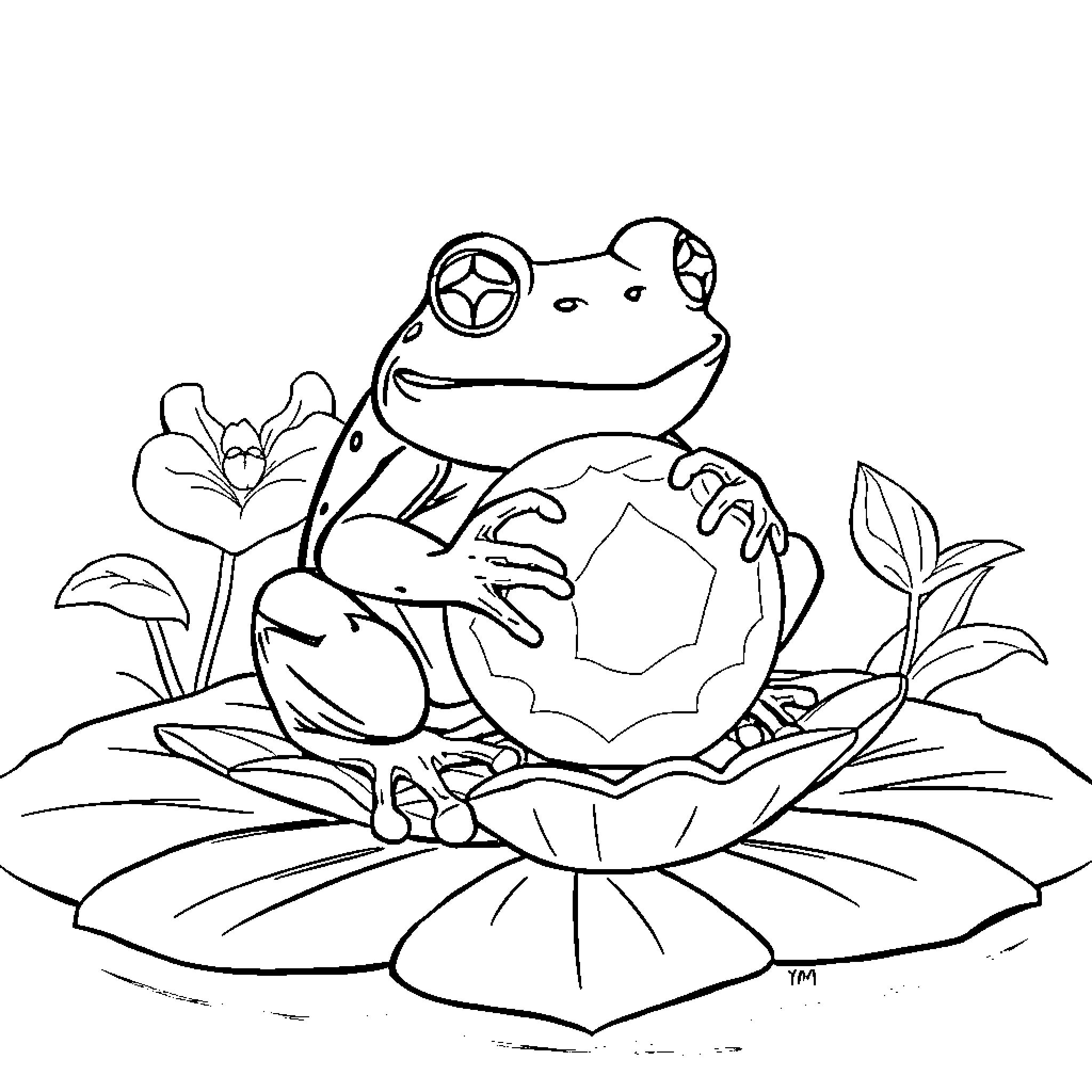 Frog resting peacefully on a lily pad Coloring Page (free black-and-white line drawing printable PDF for all, from beginners to advanced learners, including children, teens, adults, and seniors)
