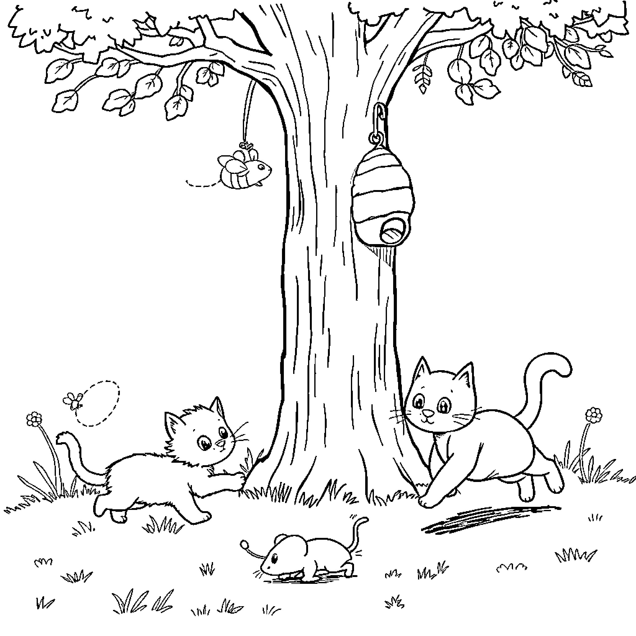 Cats exploring the outdoors near a tree Coloring Page (free black-and-white line drawing printable PDF for all, from beginners to advanced learners, including children, teens, adults, and seniors)