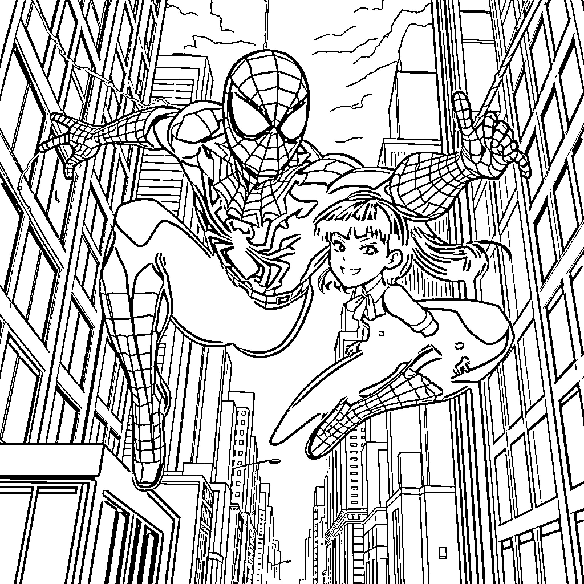 Spiderman swinging through the city with a young sidekick Coloring Page (free black-and-white line drawing printable PDF for all, from beginners to advanced learners, including children, teens, adults, and seniors)