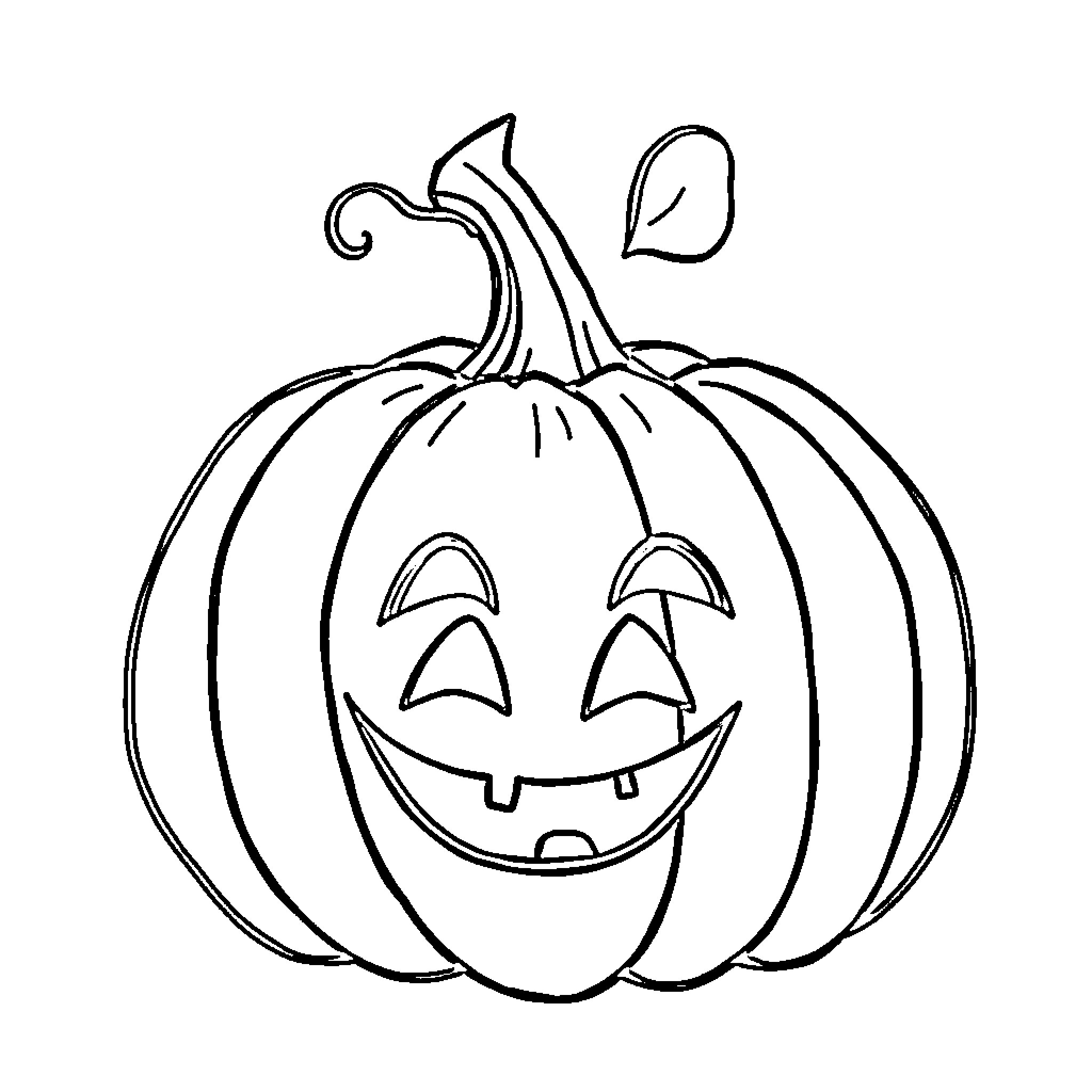 Pumpkin with a Cheerful Expression Coloring Page (free black-and-white line drawing printable PDF for all, from beginners to advanced learners, including children, teens, adults, and seniors)