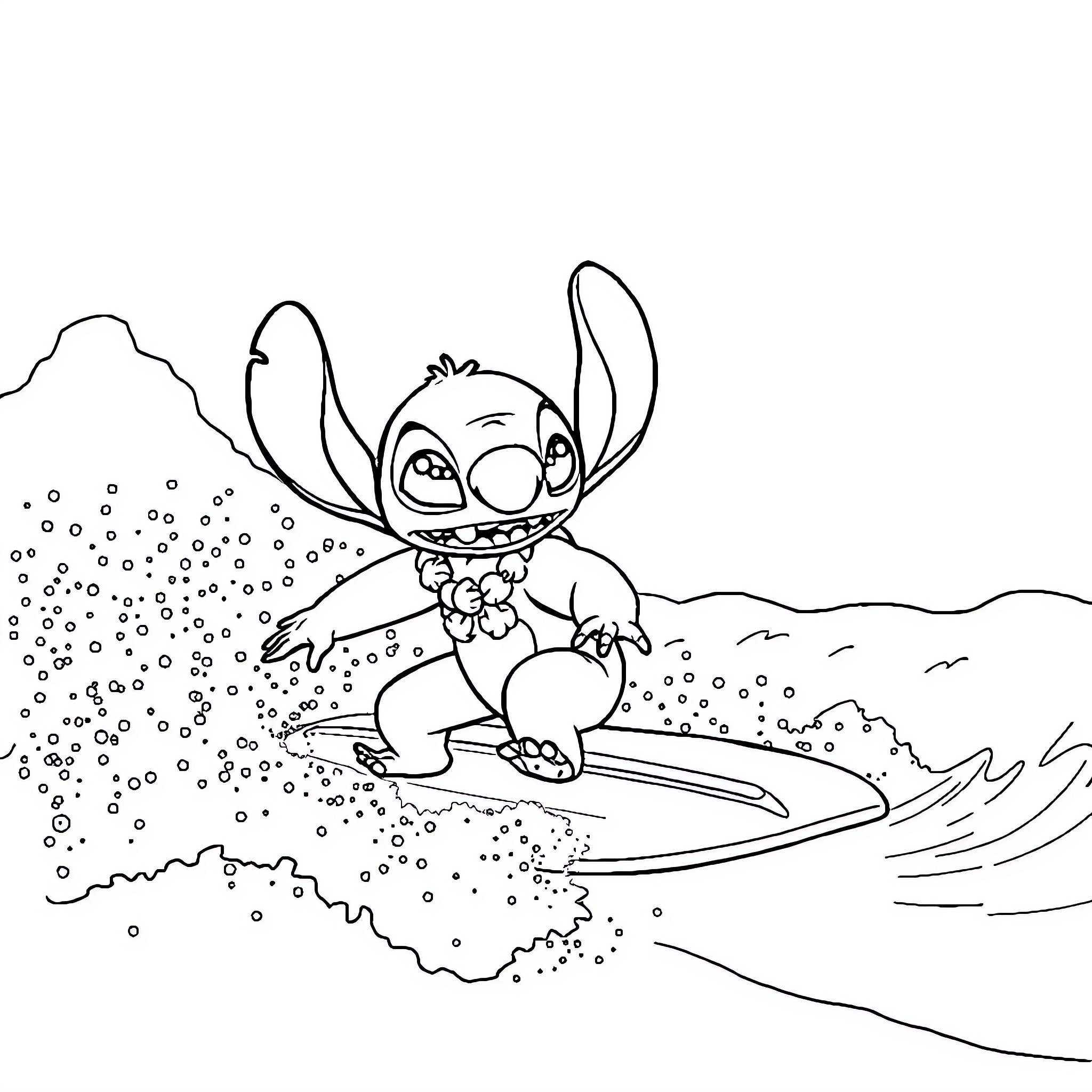 Lilo surfing happily in the ocean Coloring Page (free black-and-white line drawing printable PDF for all, from beginners to advanced learners, including children, teens, adults, and seniors)