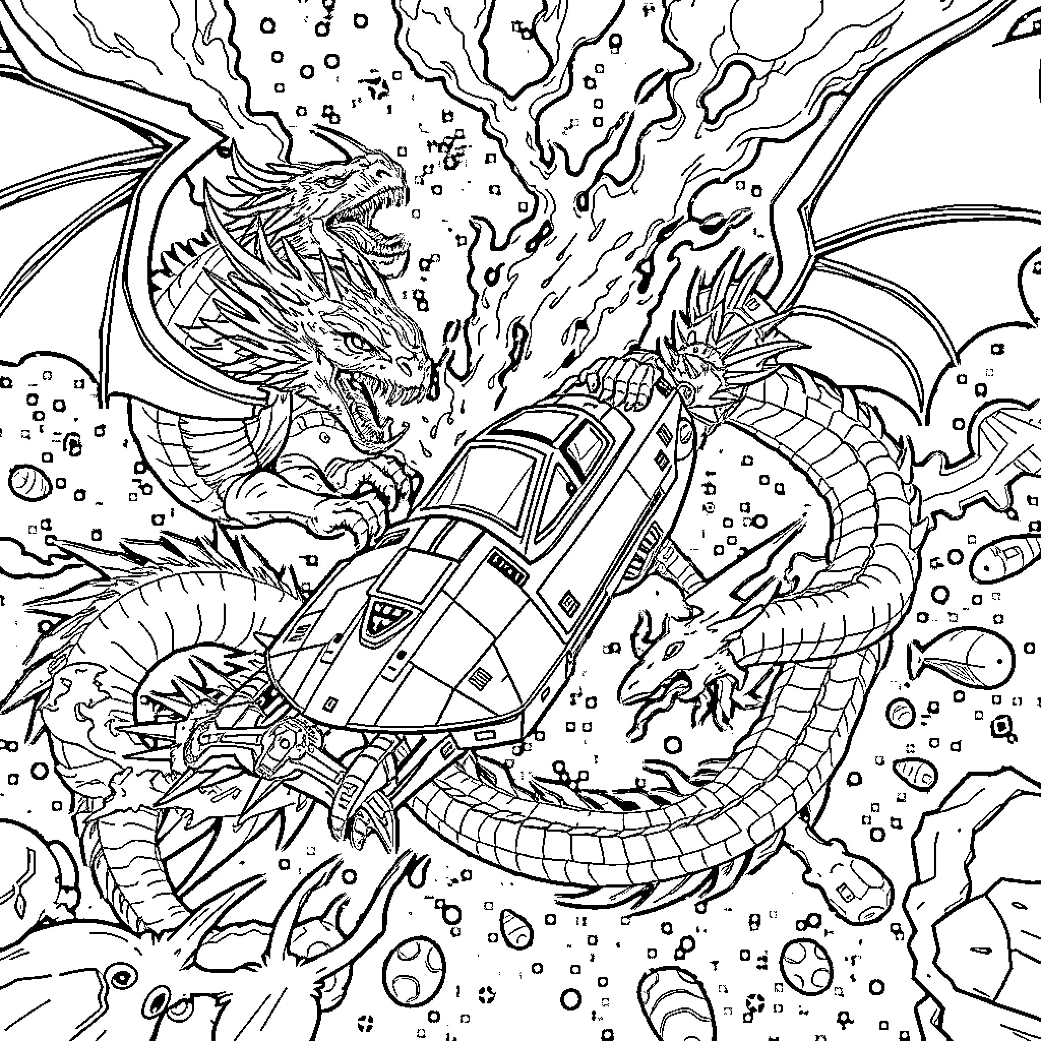 Dragon Duo Guarding Futuristic Spacecraft Coloring Page (free black-and-white line drawing printable PDF for all, from beginners to advanced learners, including children, teens, adults, and seniors)