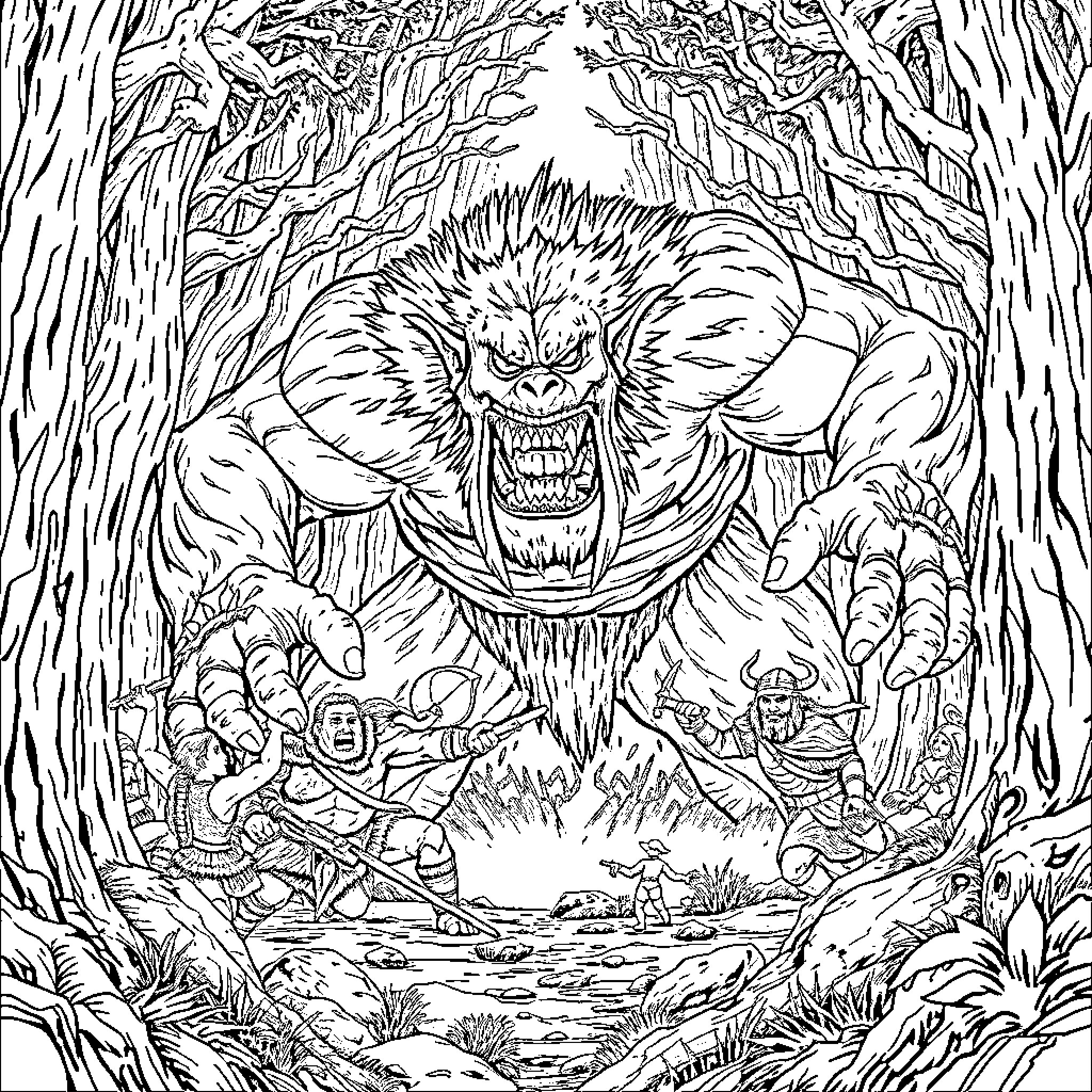 Troll Rampaging in Enchanted Forest Coloring Page (free black-and-white line drawing printable PDF for all, from beginners to advanced learners, including children, teens, adults, and seniors)