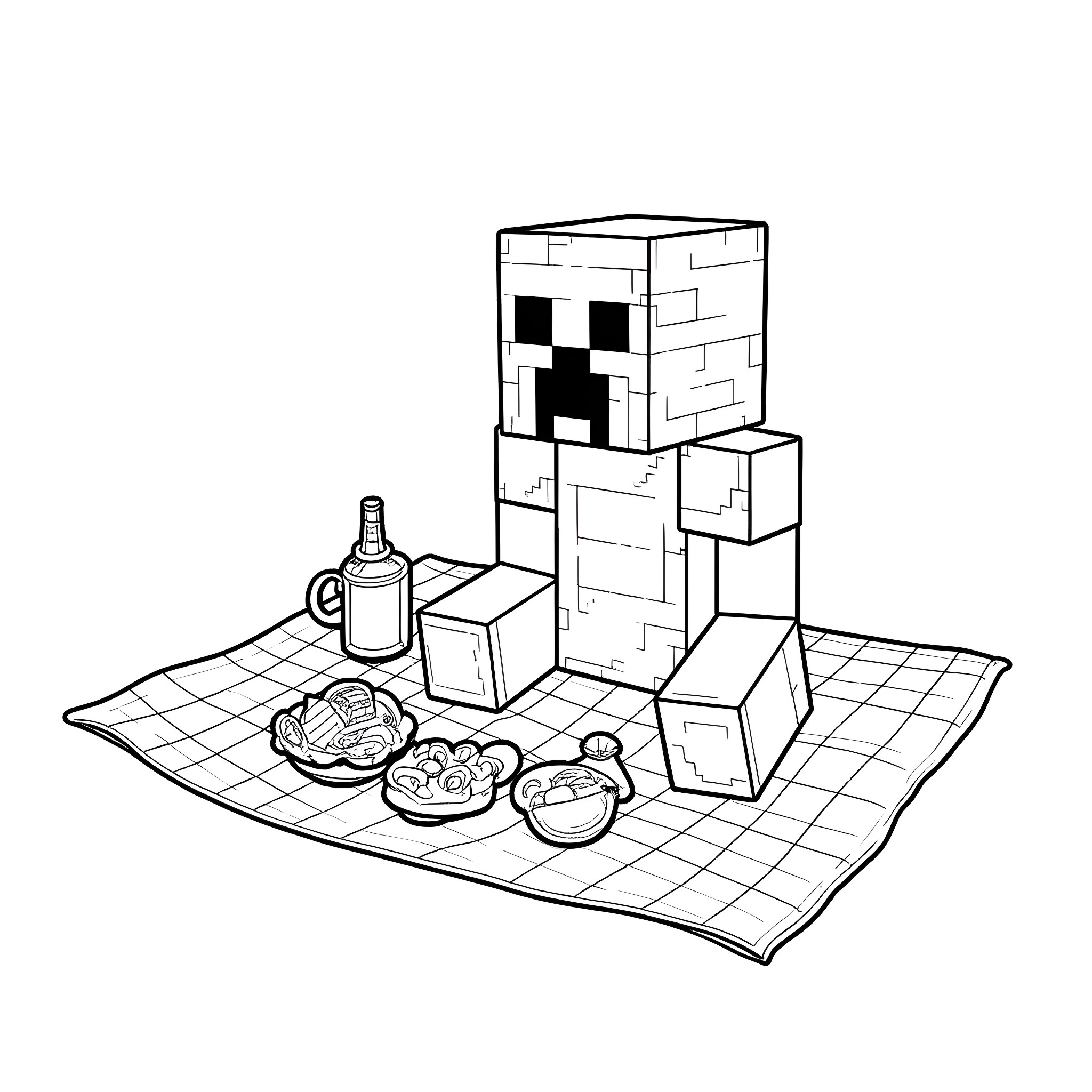 Creeper exploring a picnic scene with food and supplies Coloring Page (free black-and-white line drawing printable PDF for all, from beginners to advanced learners, including children, teens, adults, and seniors)