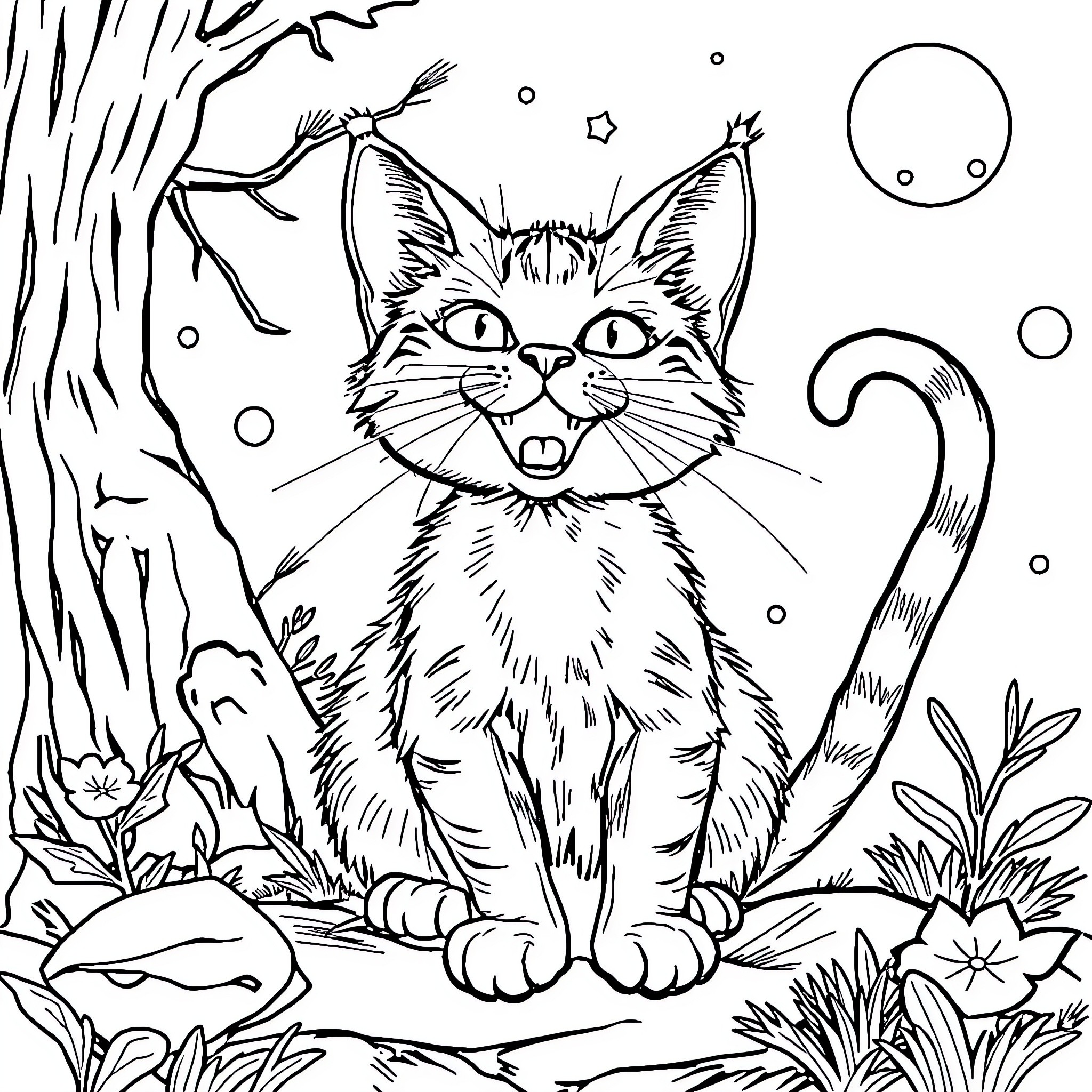 Cat Surprised in Mysterious Forest Coloring Page (free black-and-white line drawing printable PDF for all, from beginners to advanced learners, including children, teens, adults, and seniors)