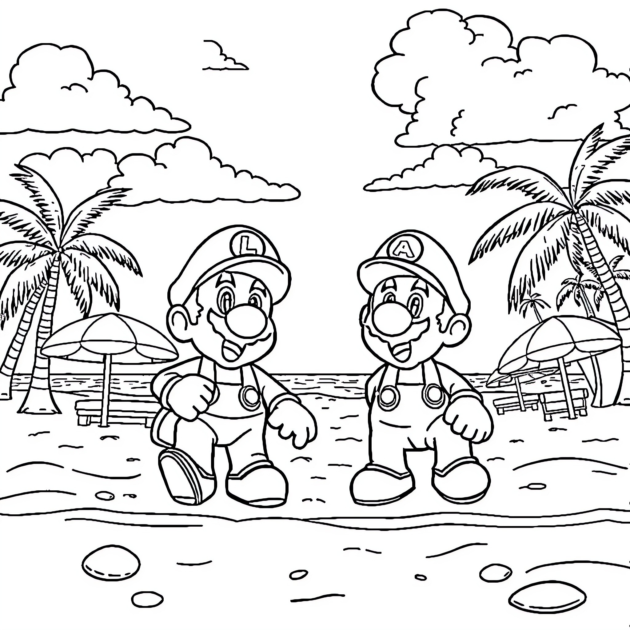 Mario and Luigi enjoy a beach vacation Coloring Page (free black-and-white line drawing printable PDF for all, from beginners to advanced learners, including children, teens, adults, and seniors)