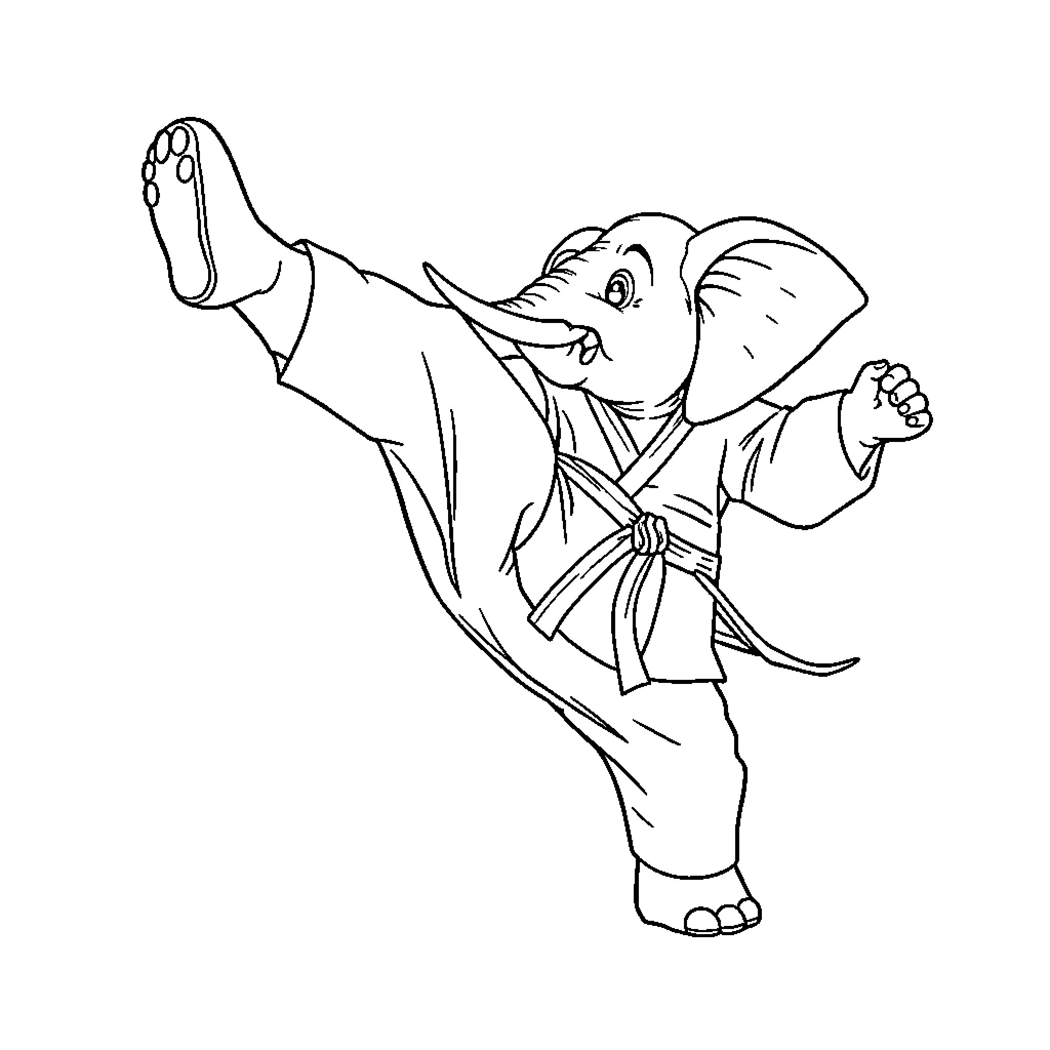 Elephant practicing martial arts Coloring Page (free black-and-white line drawing printable PDF for all, from beginners to advanced learners, including children, teens, adults, and seniors)