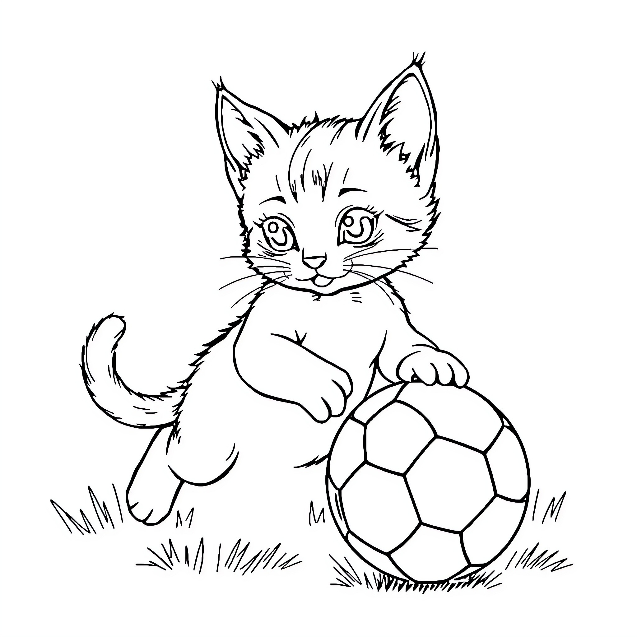 Gato playing with soccer ball on the grass Coloring Page (free black-and-white line drawing printable PDF for all, from beginners to advanced learners, including children, teens, adults, and seniors)