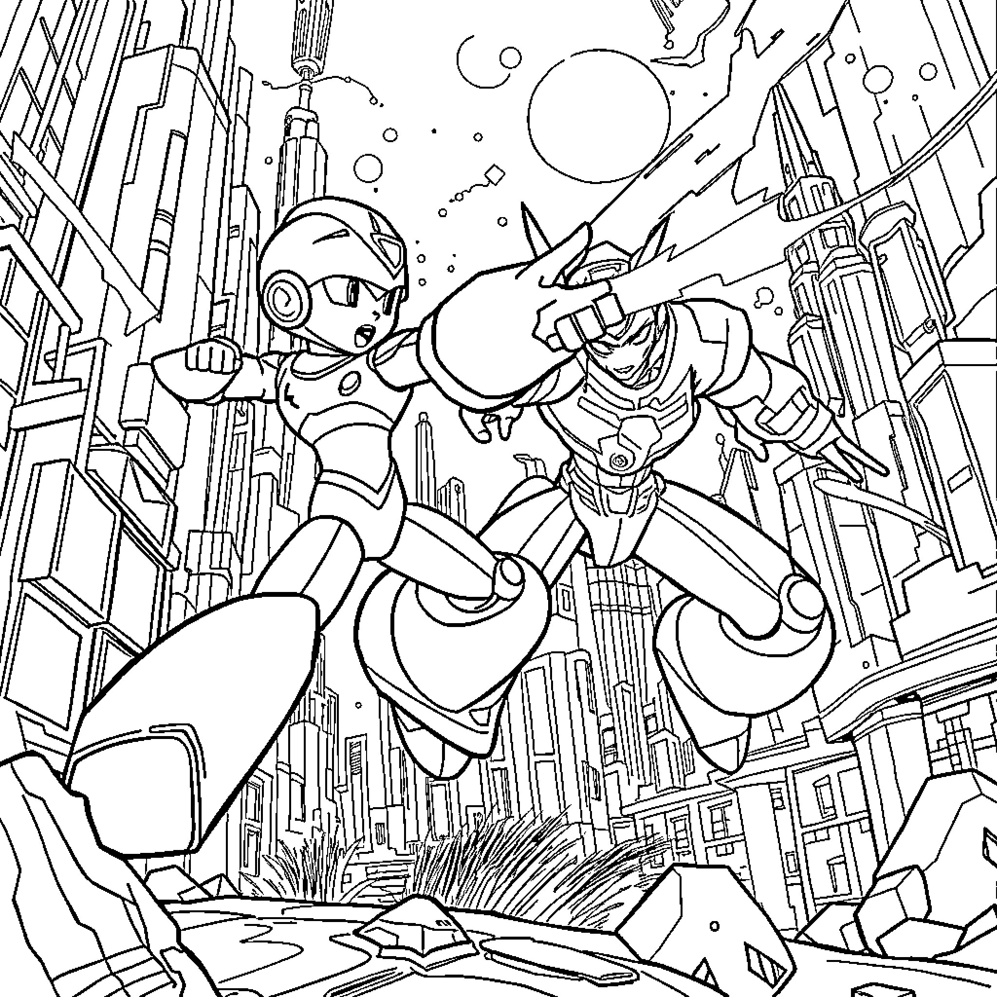 Megaman Battles Through a Futuristic Cityscape Coloring Page (free black-and-white line drawing printable PDF for all, from beginners to advanced learners, including children, teens, adults, and seniors)