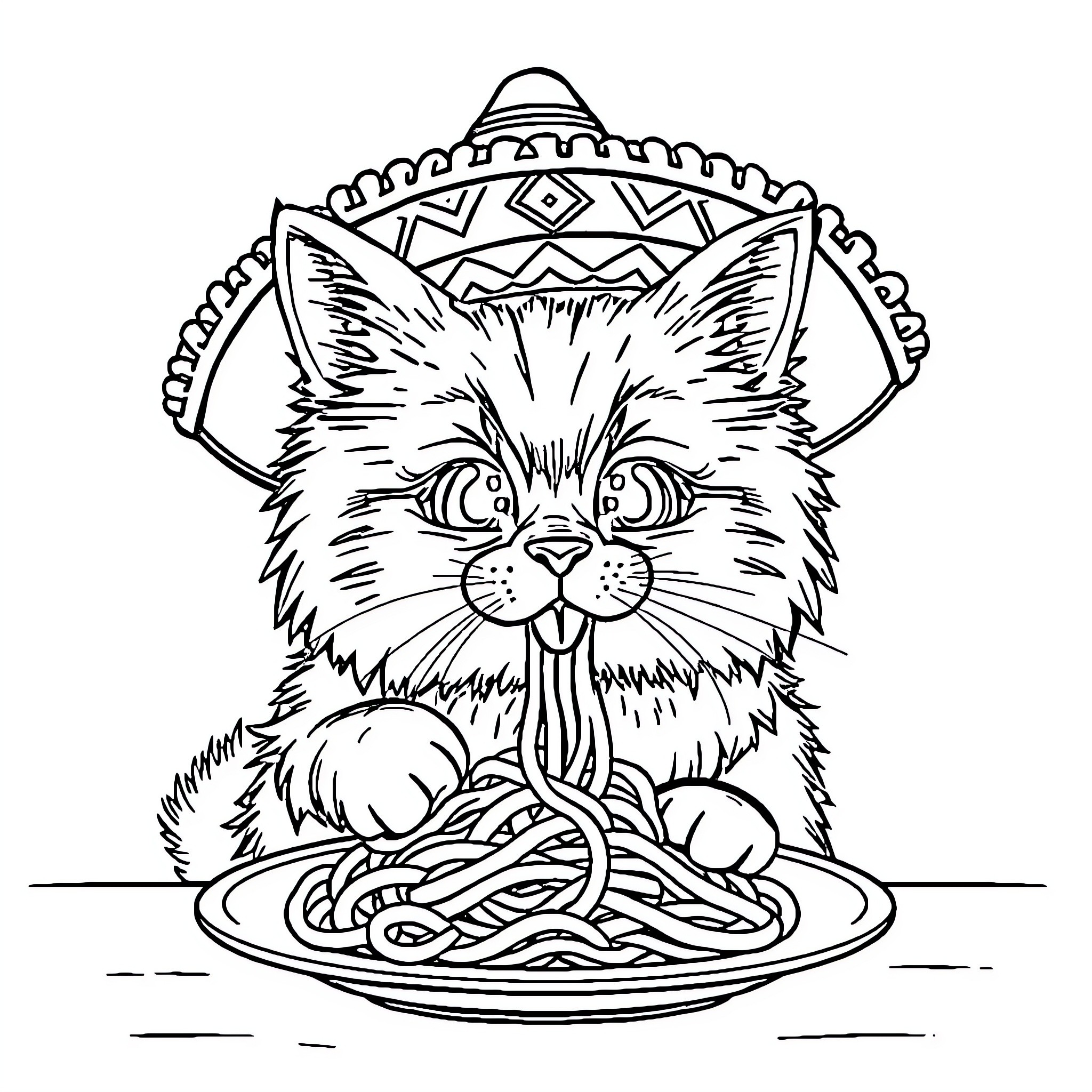Cat eating spaghetti with patterned hat Coloring Page (free black-and-white line drawing printable PDF for all, from beginners to advanced learners, including children, teens, adults, and seniors)