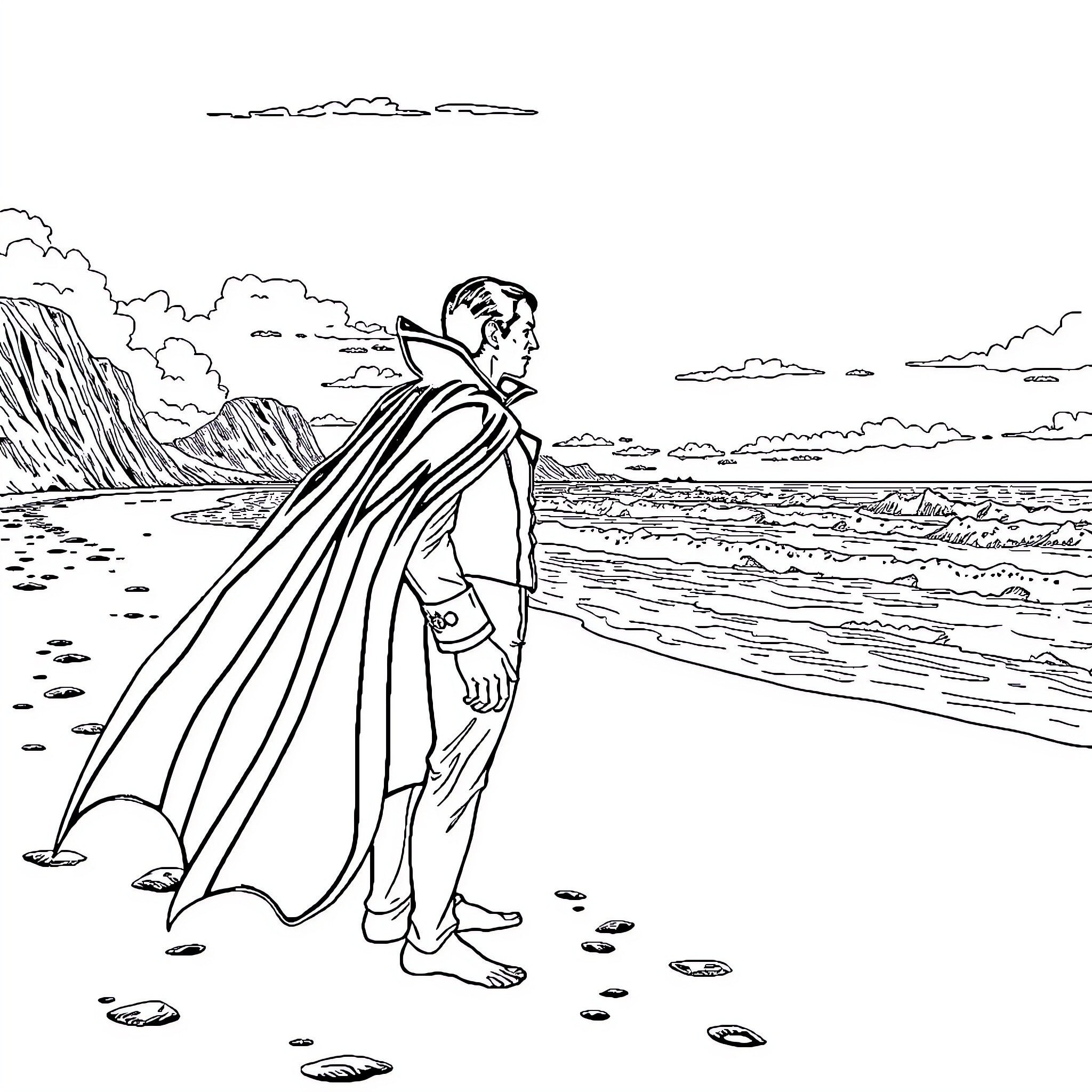 Dracula overlooking the cliffs and sea Coloring Page (free black-and-white line drawing printable PDF for all, from beginners to advanced learners, including children, teens, adults, and seniors)