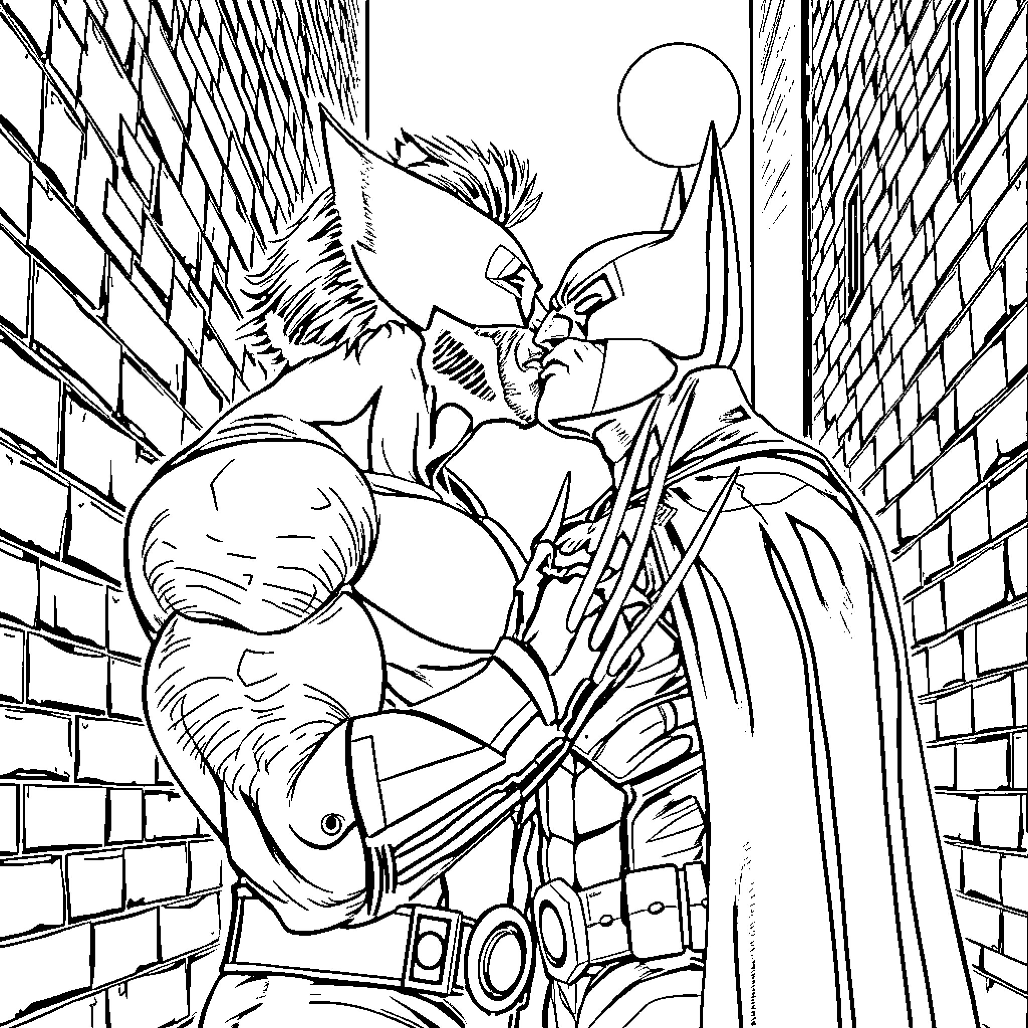Wolverine in intense battle with mysterious figure Coloring Page (free black-and-white line drawing printable PDF for all, from beginners to advanced learners, including children, teens, adults, and seniors)