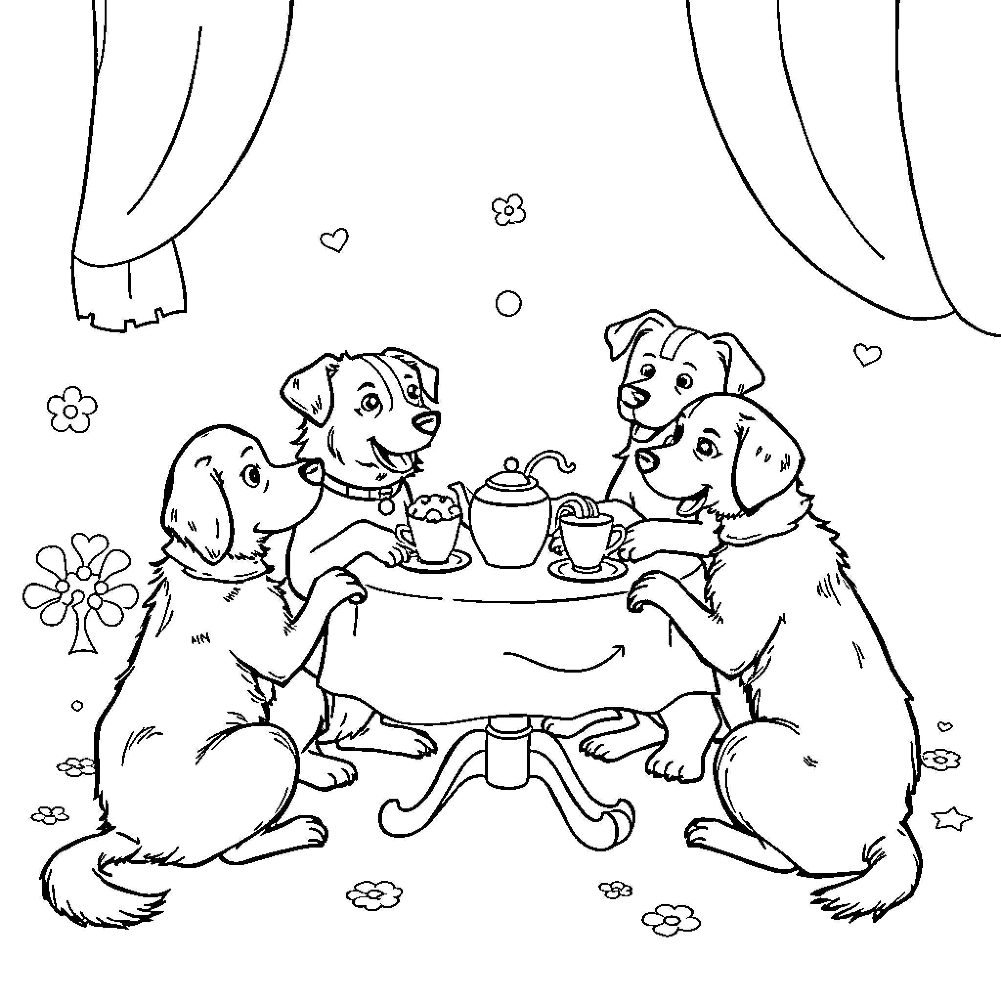 Dogs having a tea party together Coloring Page (free black-and-white line drawing printable PDF for all, from beginners to advanced learners, including children, teens, adults, and seniors)