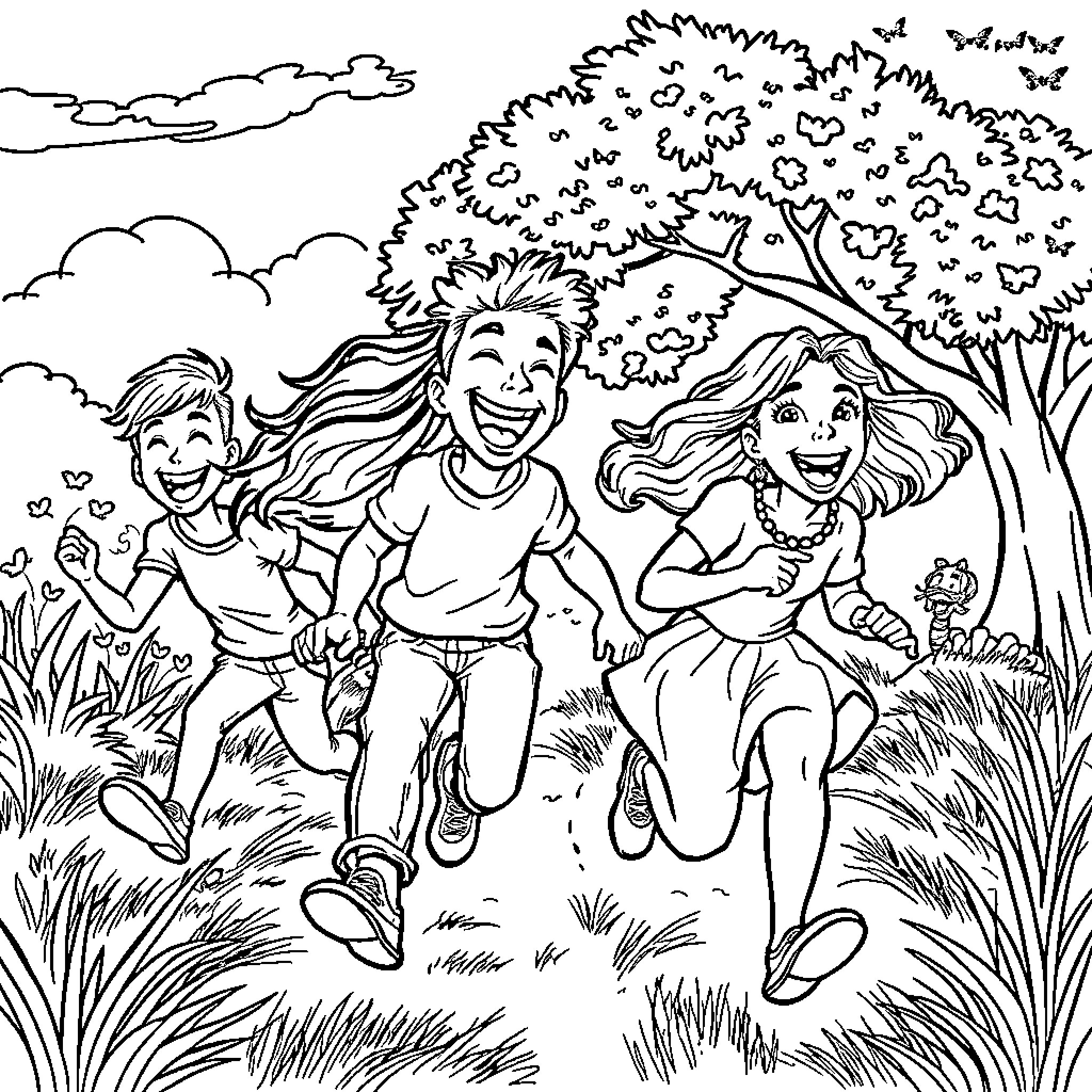 Chase through the Enchanted Forest Coloring Page (free black-and-white line drawing printable PDF for all, from beginners to advanced learners, including children, teens, adults, and seniors)