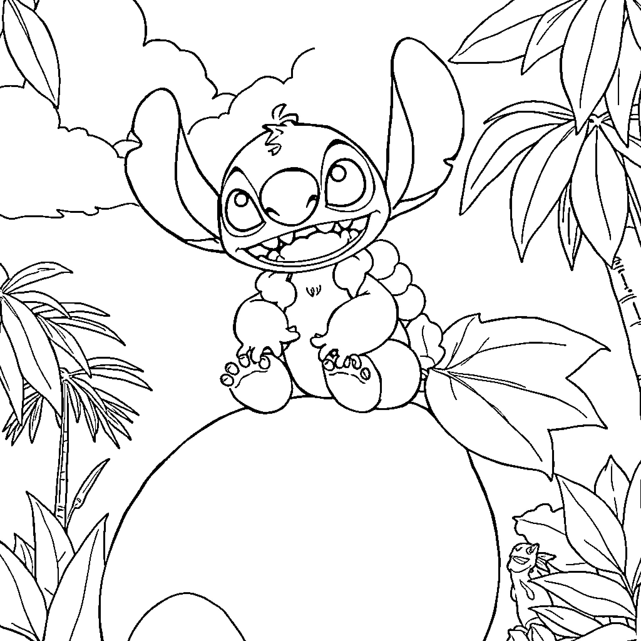 Angel Stitch playing in tropical foliage Coloring Page (free black-and-white line drawing printable PDF for all, from beginners to advanced learners, including children, teens, adults, and seniors)