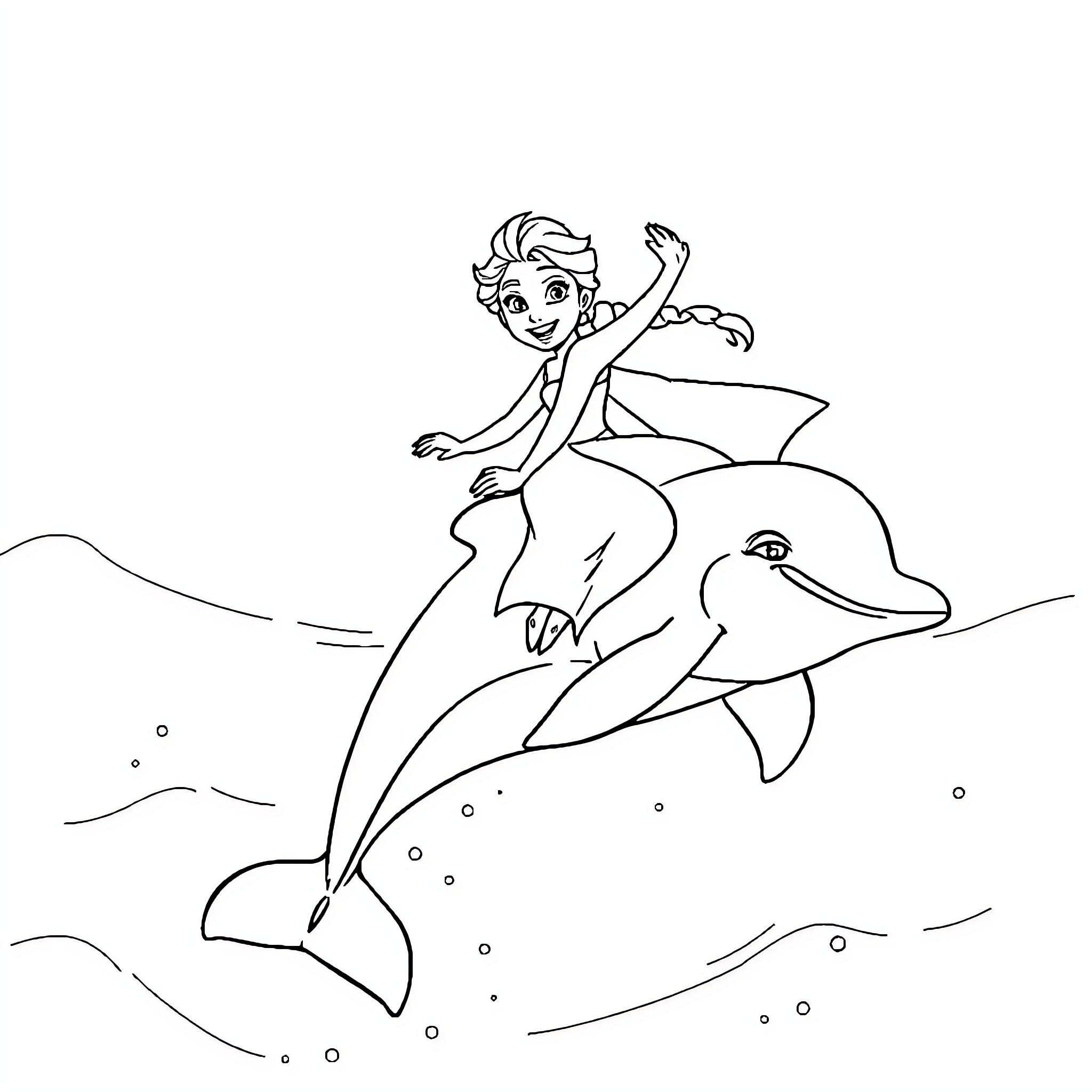 Elsa riding happily with a dolphin in the ocean Coloring Page (free black-and-white line drawing printable PDF for all, from beginners to advanced learners, including children, teens, adults, and seniors)