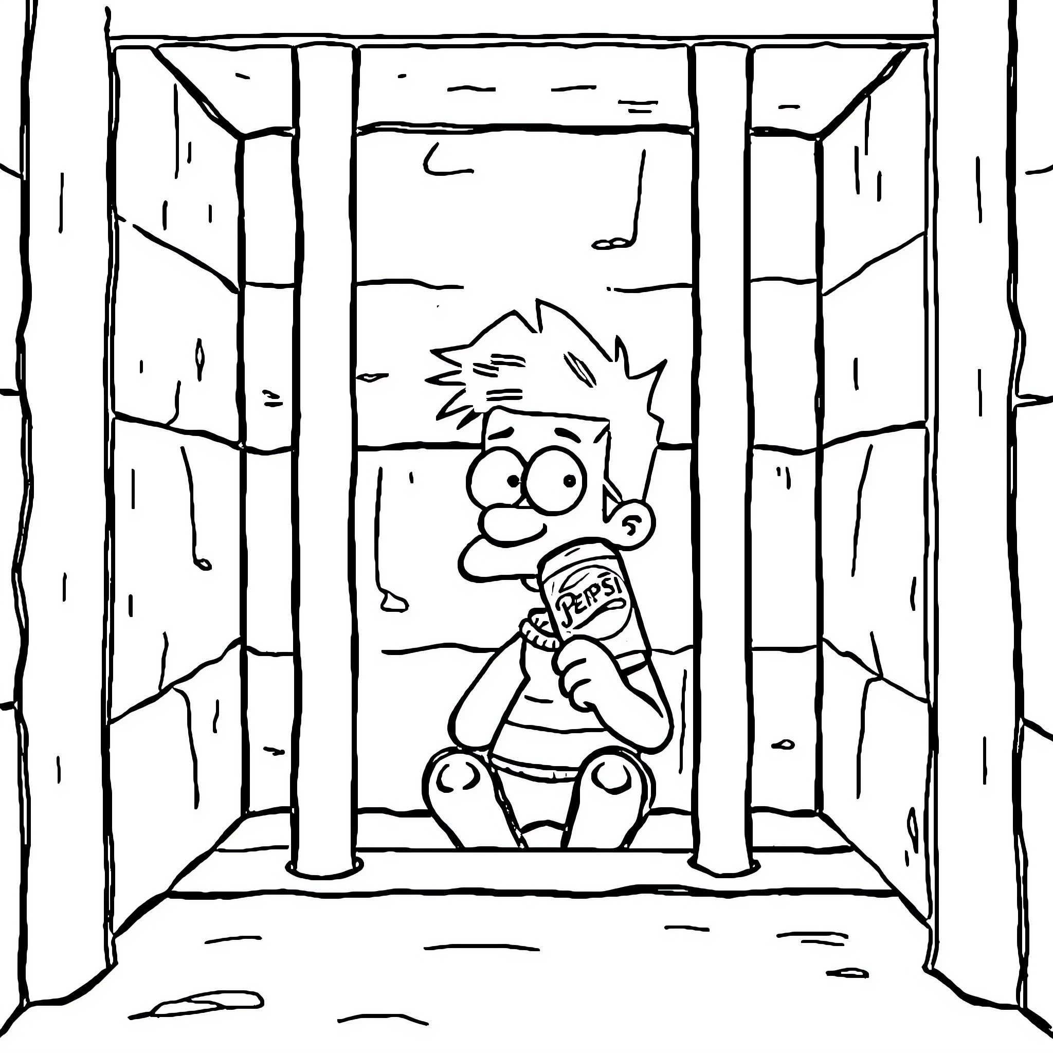 Milhouse trapped in a forest of wooden bars Coloring Page (free black-and-white line drawing printable PDF for all, from beginners to advanced learners, including children, teens, adults, and seniors)