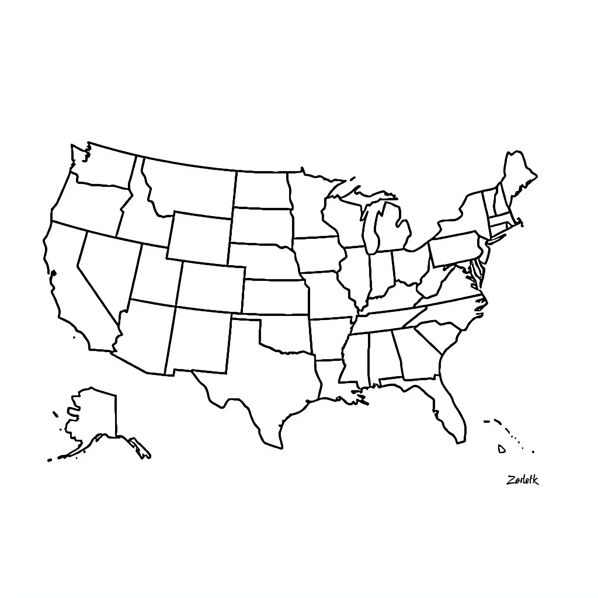 State outlines of the United States map Coloring Page (free black-and-white line drawing printable PDF for all, from beginners to advanced learners, including children, teens, adults, and seniors)